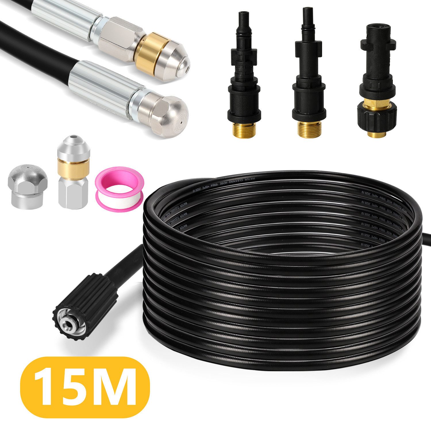 Clanmacy Hochdruckschlauch Rohrreinigungsschlauch,15m,160 bar,mit Adapter,Düsen starr+rotierend