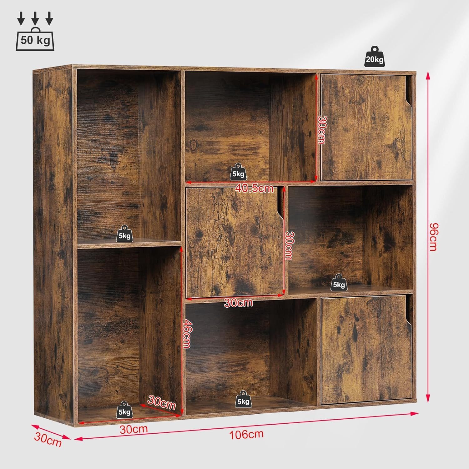 Woltu Bücherregal, 1-tlg., Weiß, mit 8 Fächern 3 Türen, für Büro Wohnzimmer Arbeitszimmer