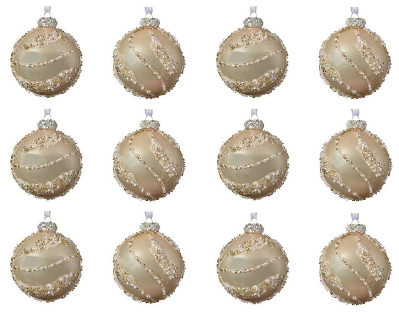 Decoris season decorations Christbaumschmuck, Weihnachtskugeln Glas mit  Perlen und Glitzer 8cm champagner, 12er Set
