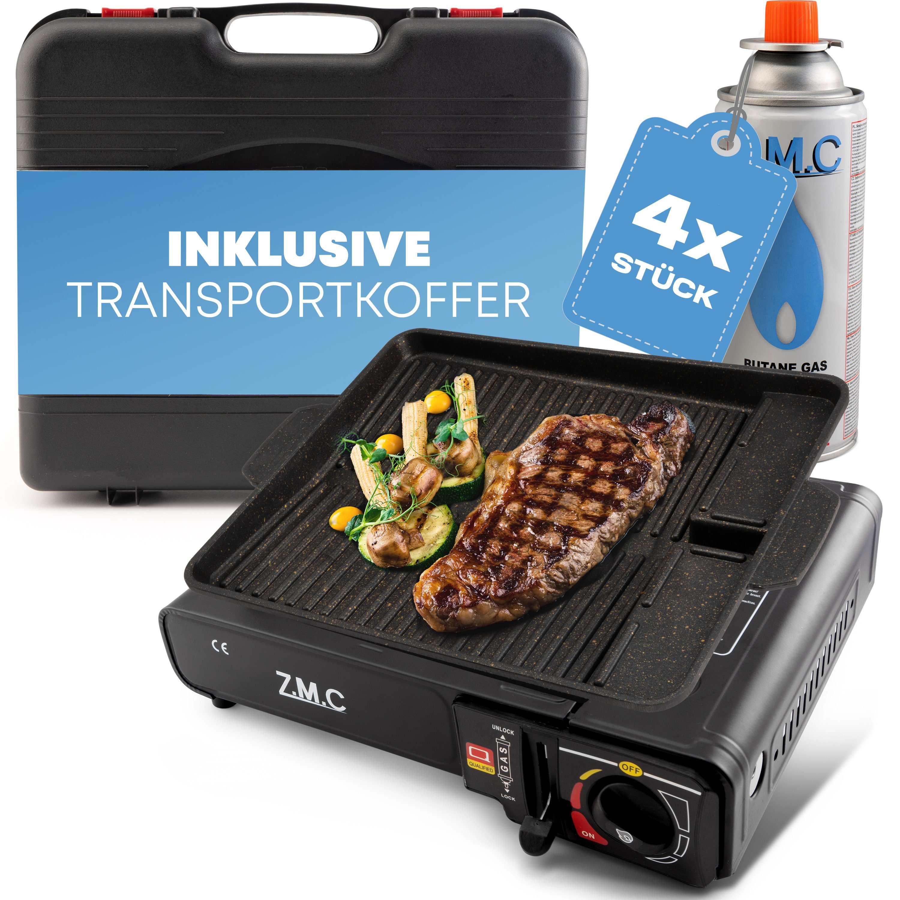 ZMC Gaskocher 2in1 Campingkocher Grillplatte mit Piezozündung + 4x Gaskartuschen, (Grillplatte Tischgrill Transportkoffer Gasbrenner Gasgrill Kochfeld LPG Anschluß Schwarz Wärmeleistung: 2,2KW), Butan Gas 227g Campingkocher Outdoor Camping Gas Kocher Herd