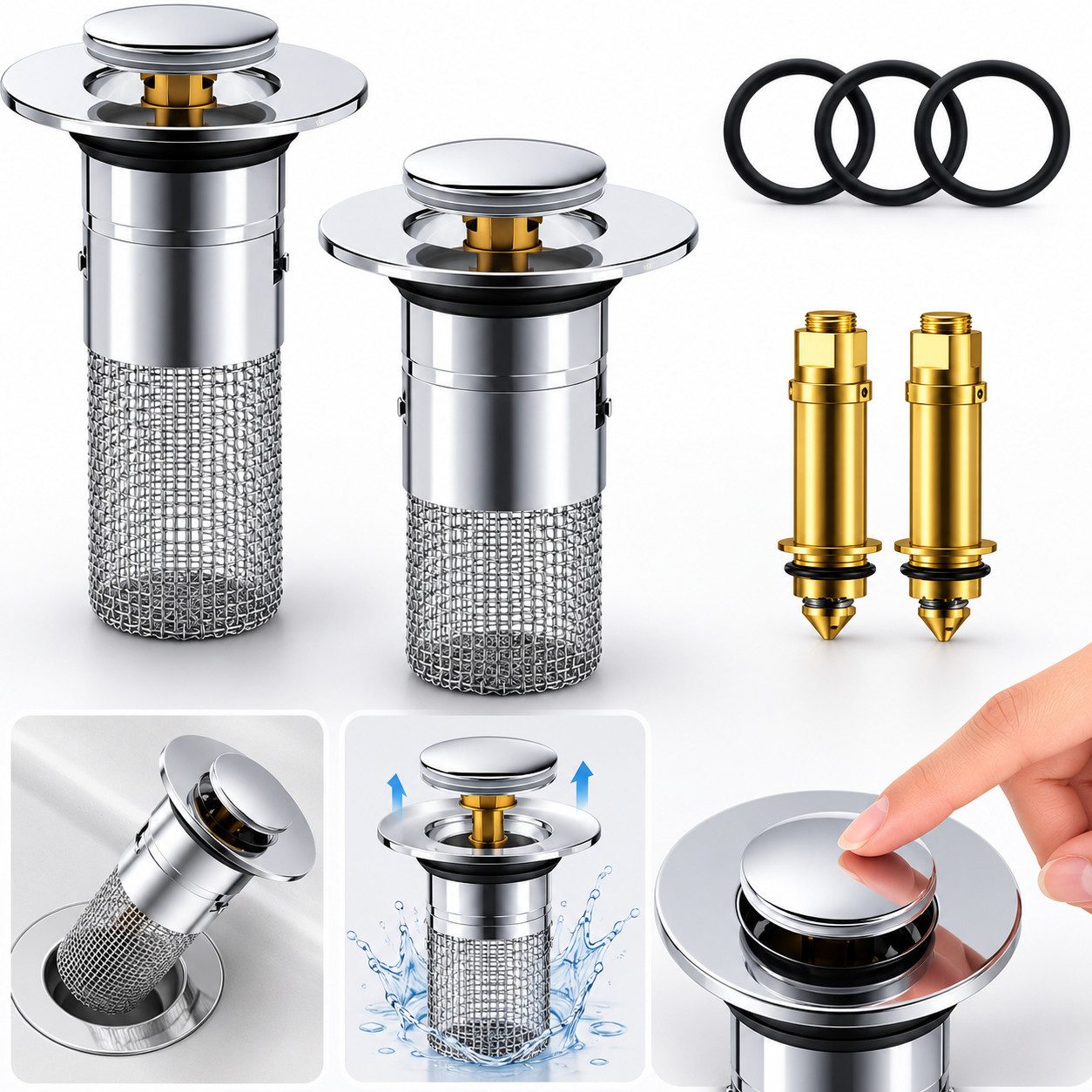 VEKROBOT Waschbeckenstöpsel 2er Pack Pop up Abflussfilter für Waschbecken Push to Open Sieb Bad, (set, 1 St), Pop up Abflussfilter mit Edelstahl-Siebkorb Haarfänger für Waschbecken