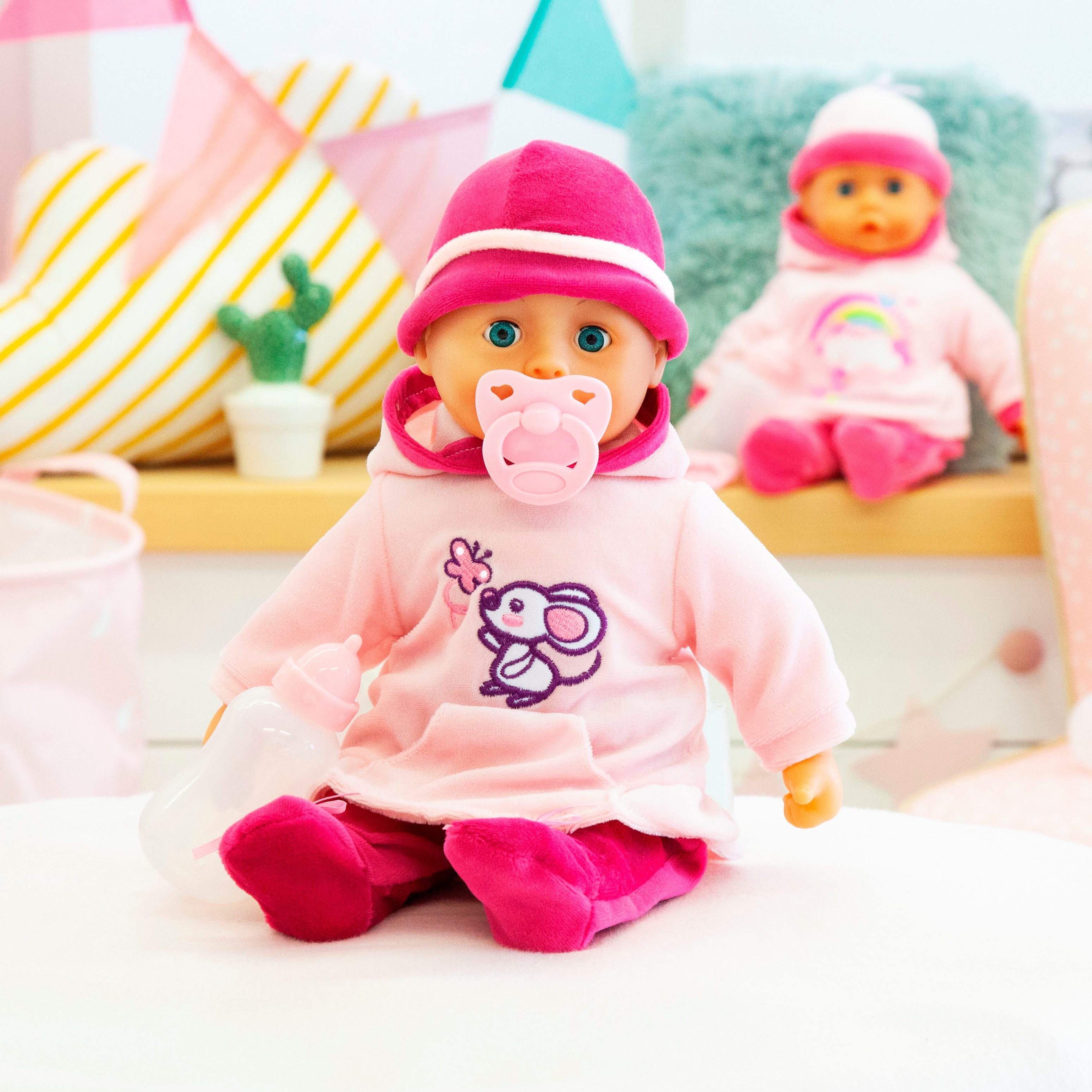 Bayer Babypuppe First Words Baby, 38 cm, Maus rosa (3-tlg), mit Schlafaugen und Babygeräuschen – Bild 3 von 5