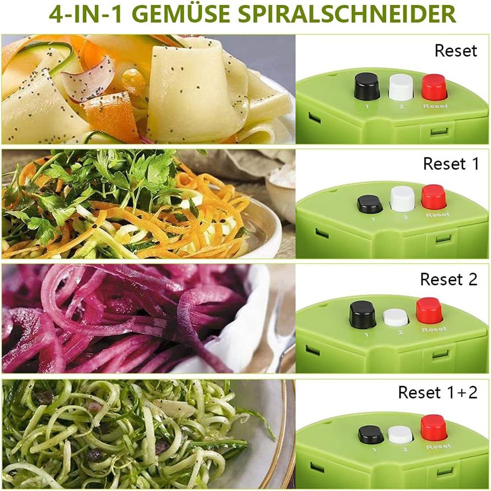 PFCTART Gemüseschneider Spiralschneider 4 in 1 Gemüseschneider, Hand Spiralschneider Gemüse, 0 W, 4 Schnittmodi, kompakt & einfach zu reinigen