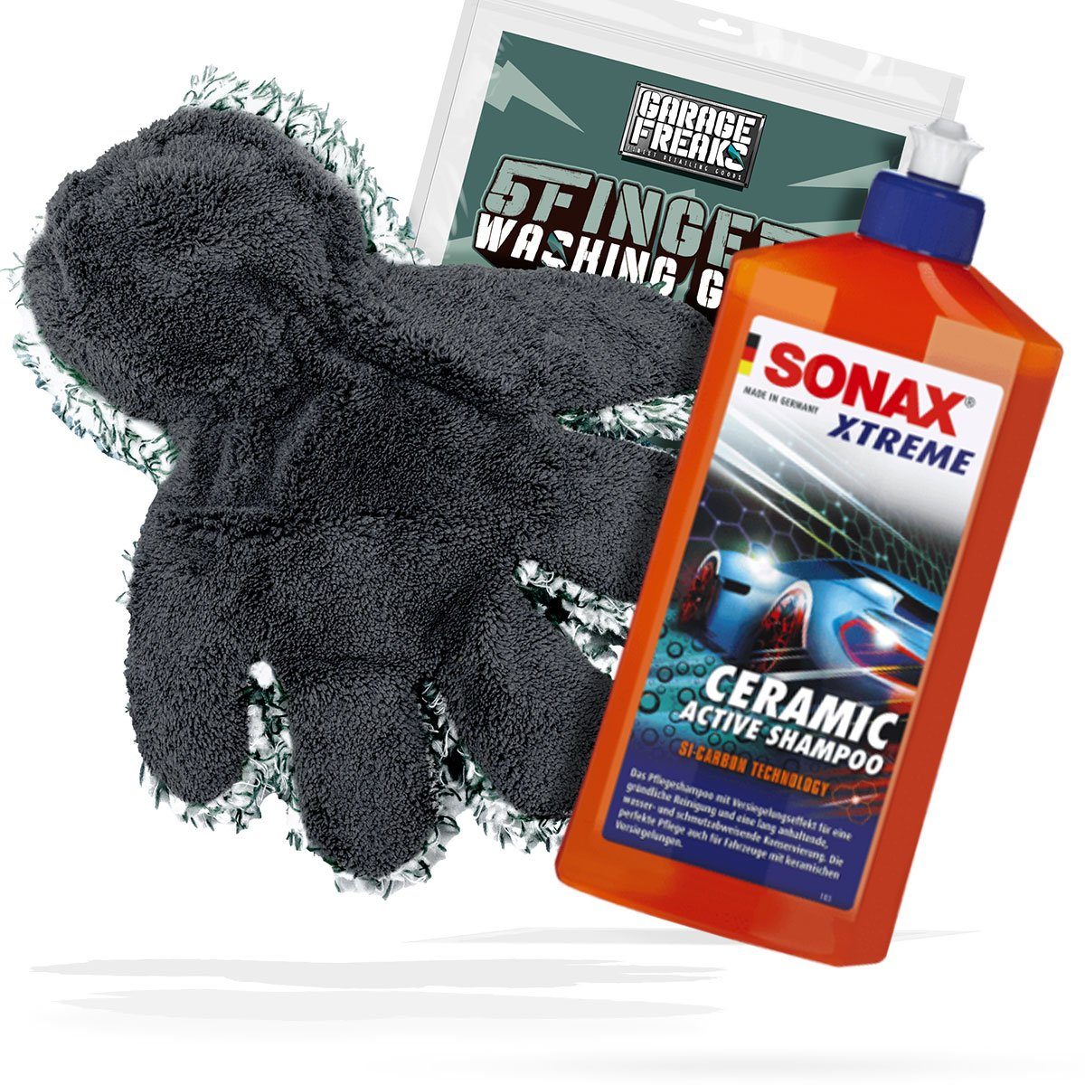 detailmate Garage Freaks 5 Finger Waschhandschuh + Autoshampoo Autoshampoo (Set, [- Frottierhandschuh - Mikrofaser - Auto Reinigung Wasch Set)
