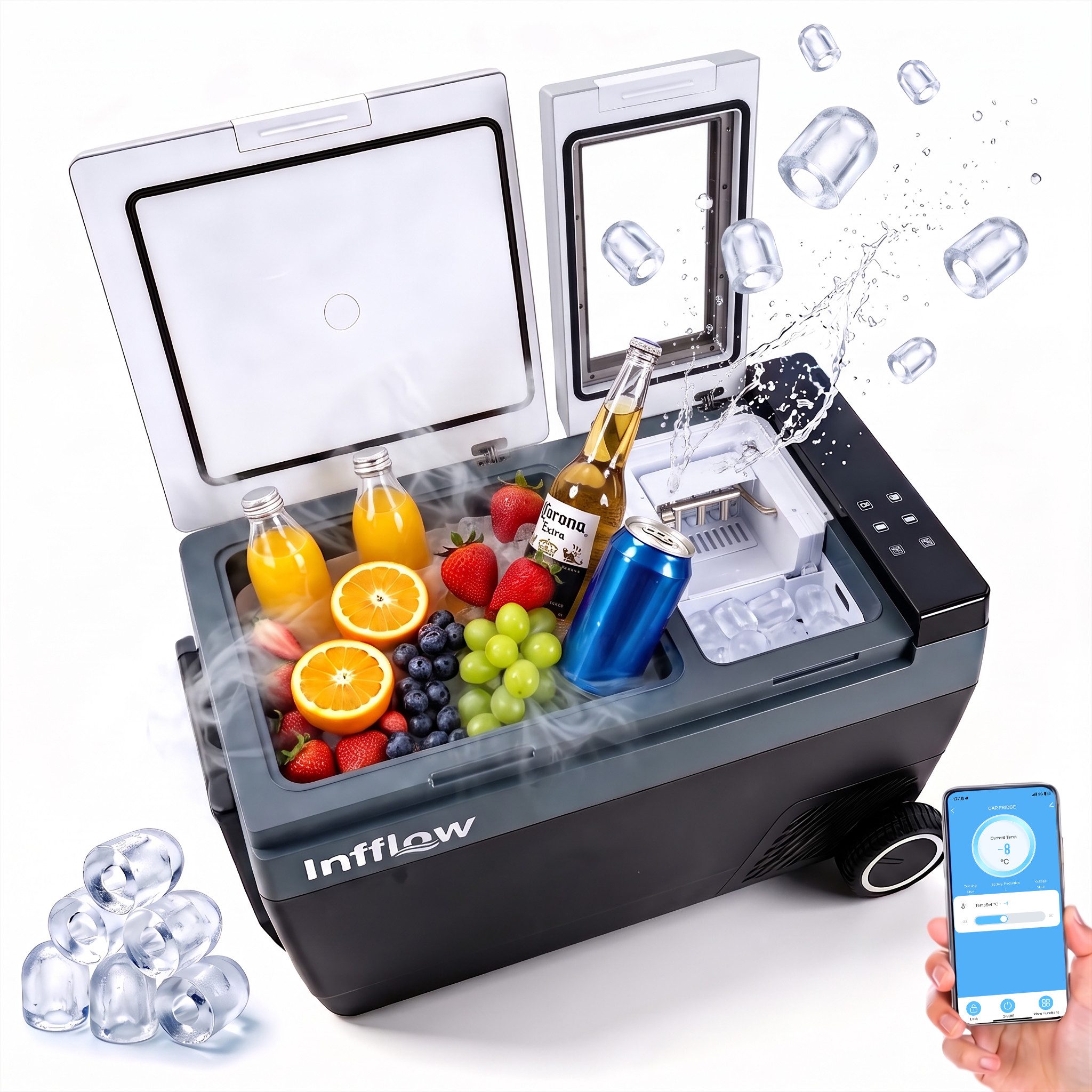 Infflow Kühlbox mit App-Steuerung, Kühlen & Gefrieren & Eisbereiten, ECO/MAX-Modus, 45 l, -20 °C ~ 20 °C, für Auto, Lkw, Boot, Wohnwagen, Camping