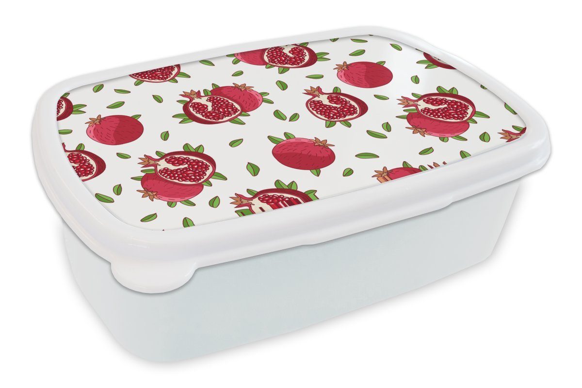 MuchoWow Lunchbox Früchte - Blätter - Granatapfel, Kunststoff, (2-tlg), Brotbox für Kinder und Erwachsene, Brotdose, für Jungs und Mädchen weiß