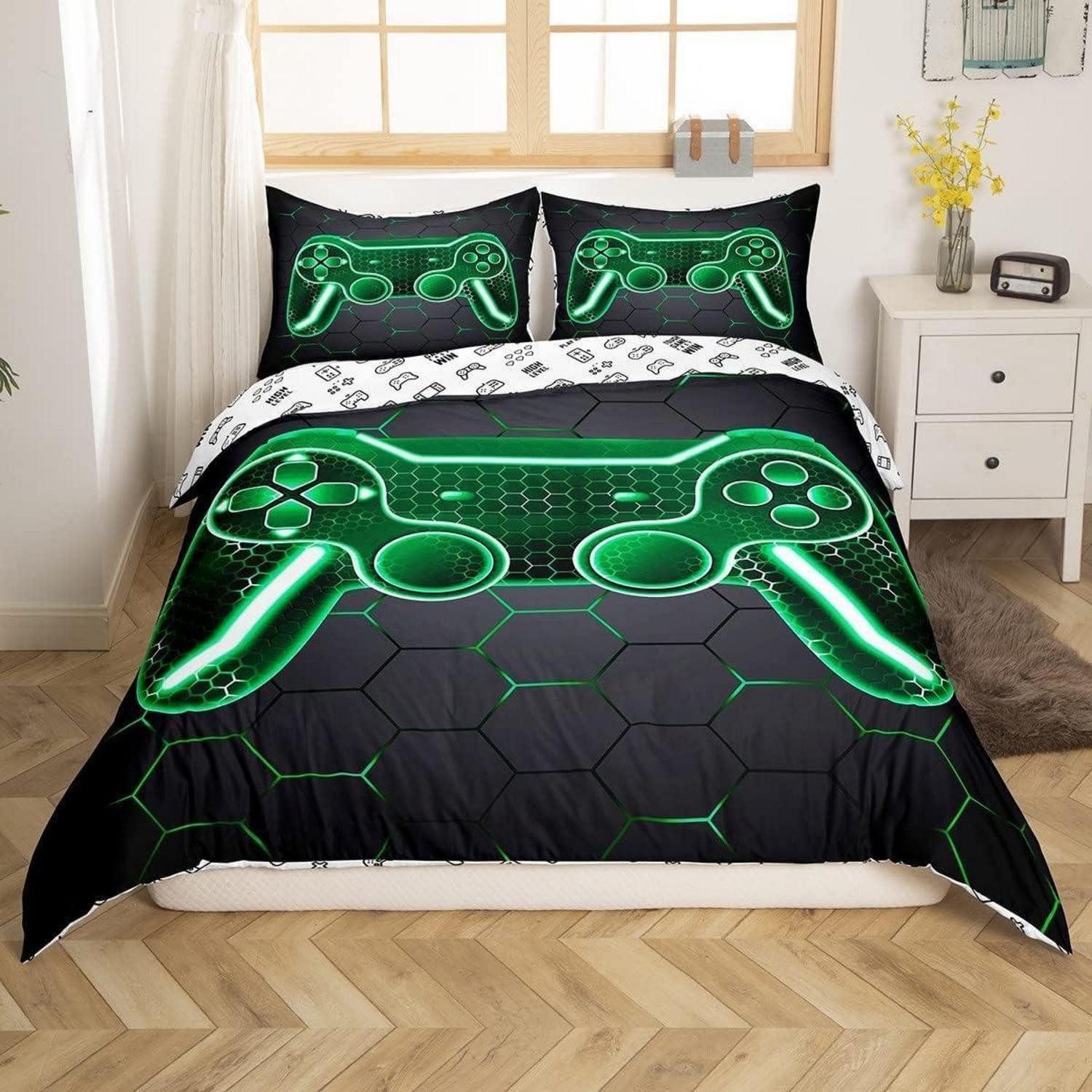LuxusKollektion Jugendbettwäsche Bettwäsche Gaming 135x200cm Grün Schwarz