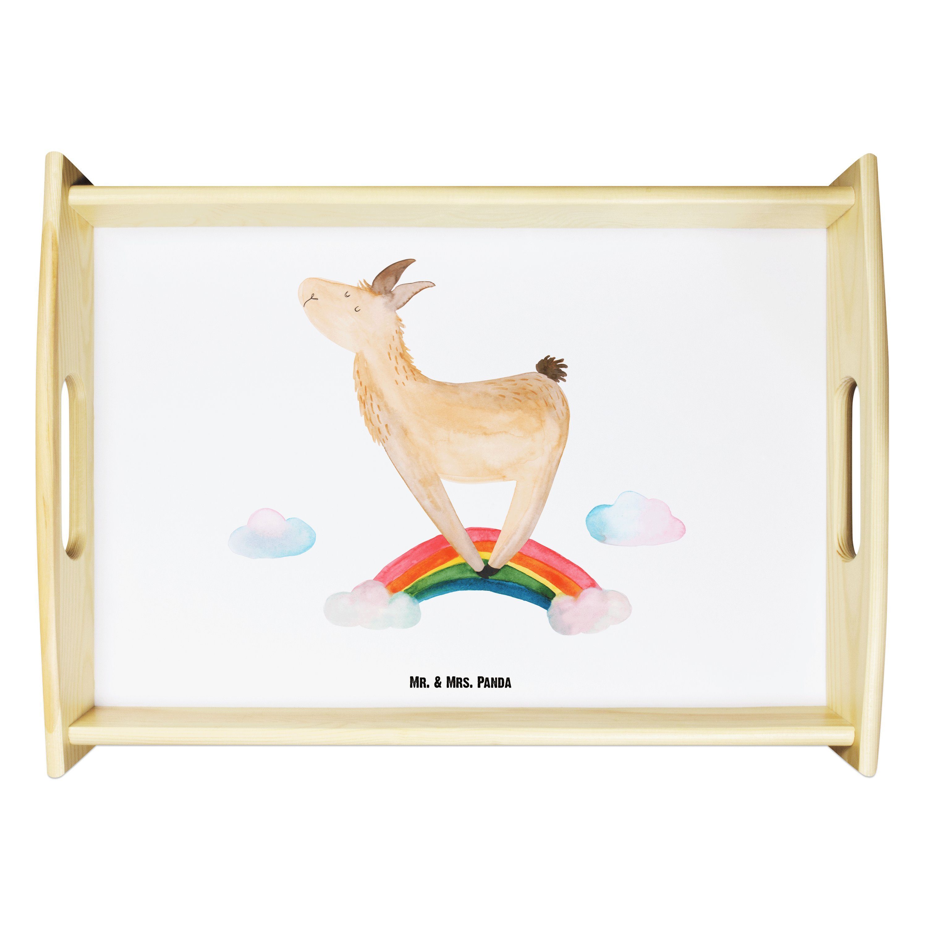 Mr. & Mrs. Panda Tablett Lama Regenbogen - Weiß - Geschenk, Außenseiter, Alpaka, Küchentablett, Echtholz lasiert, (1-tlg)