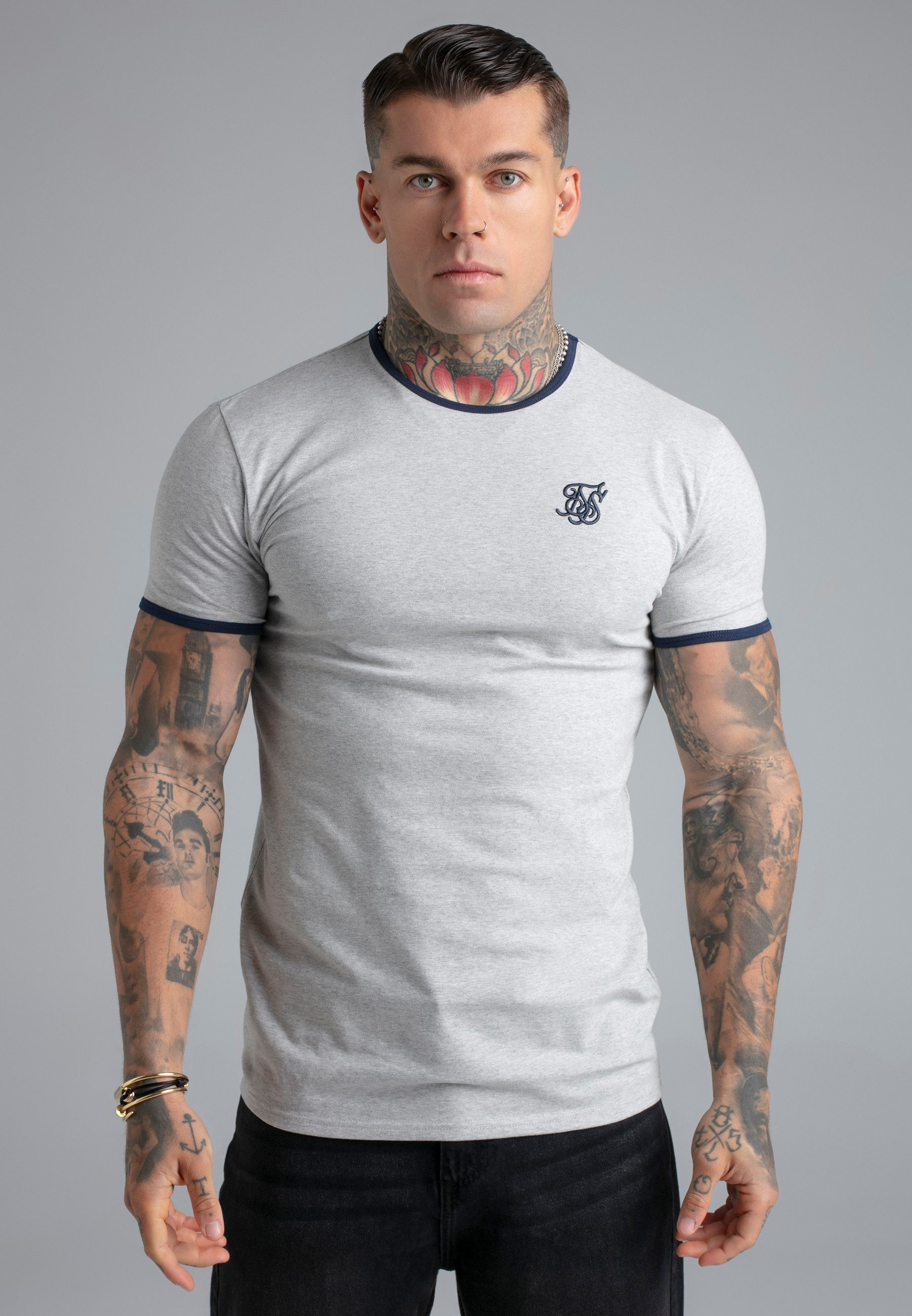 Siksilk T-Shirt SikSilk Herren Grau Marl and Navyblau Ringer T-Shirt