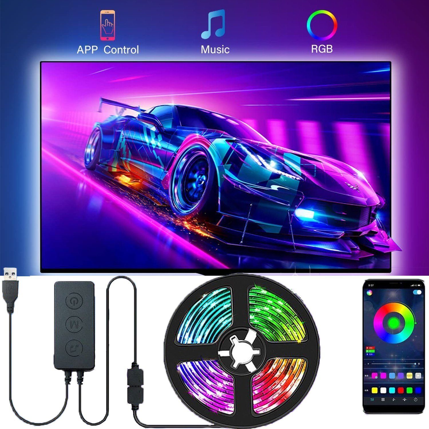 Sync,RGB LANOR TV-Hintergrundbeleuchtung,Music LED Tasten LED Bluetooth Stripe App,3