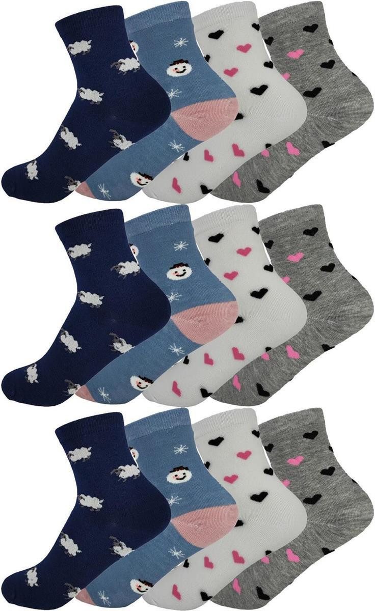 Socken 12 Paar Kinder Socken Jungen & Mädchen mit Muster Baumwolle, 23-26