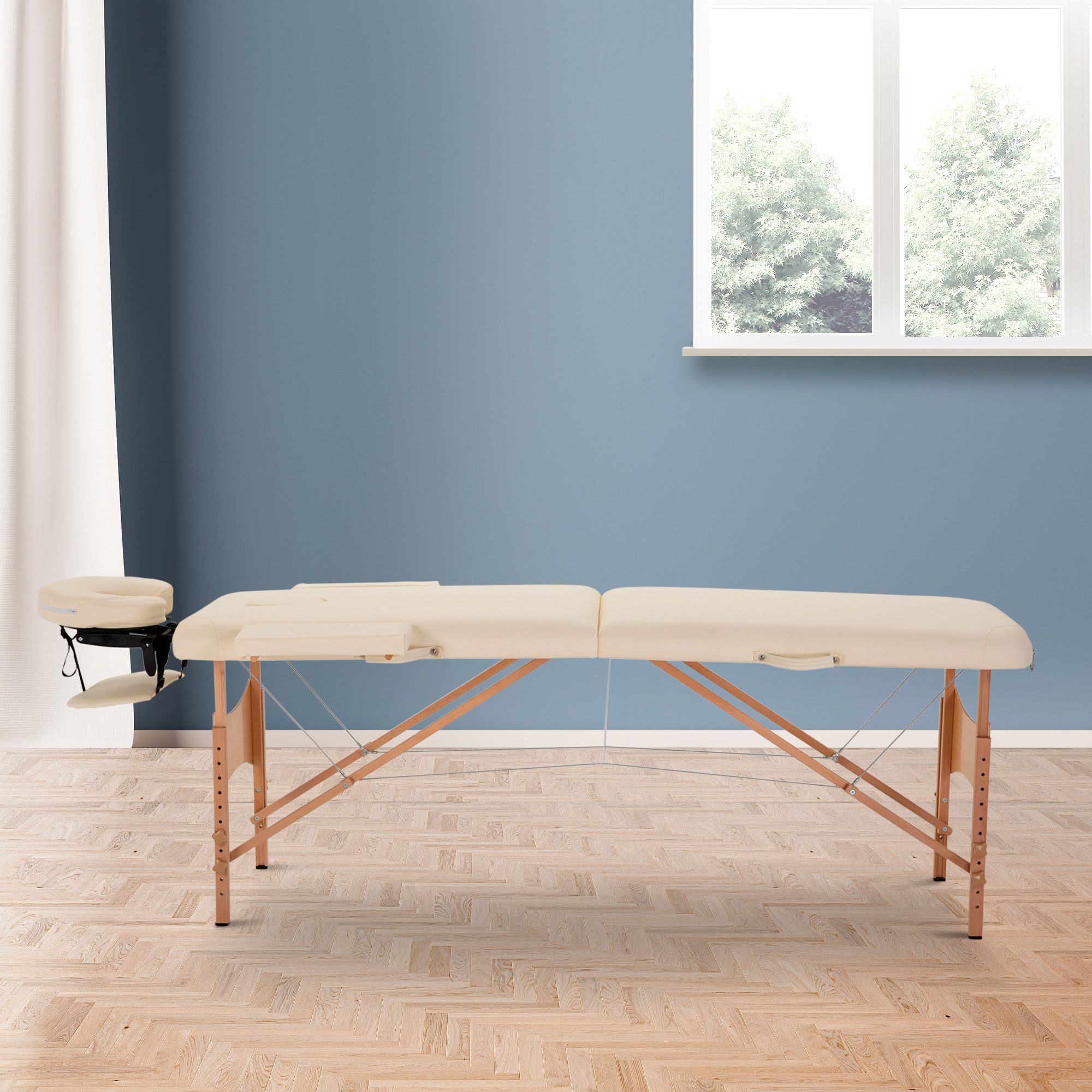 HOMCOM Massageliege Massagetisch, Massageliege mit Kopfstütze, Creme (Massagebank, 1-St., Massagebett), klappbare höhenverstellbarer für Spa, Salon, Kunstleder, Holz, Weiß