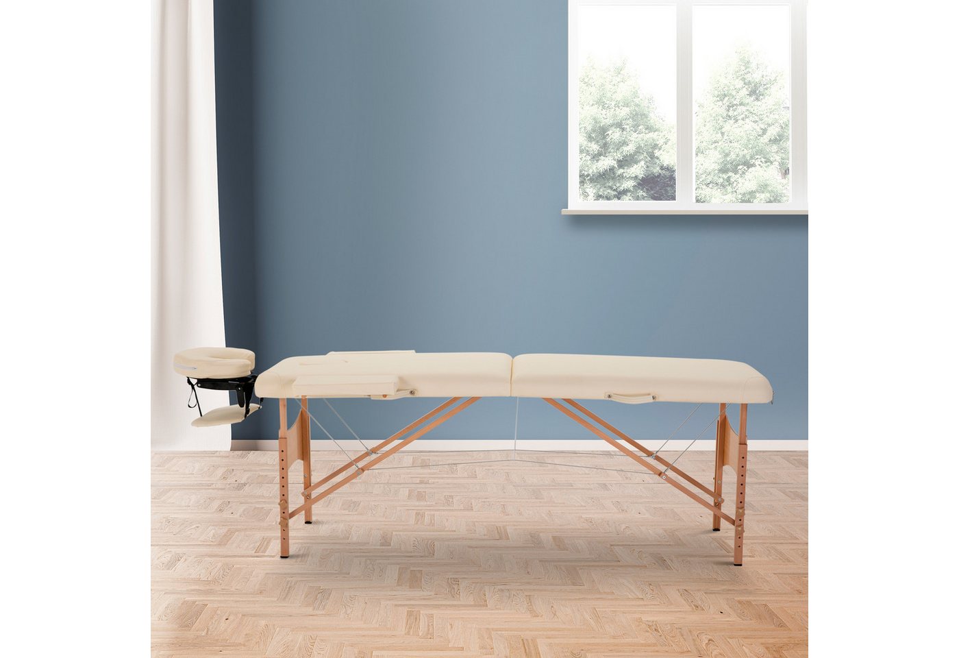 HOMCOM Massageliege Massagetisch, Massageliege mit Kopfstütze, Creme (Massagebank, 1-St., Massagebett), klappbare höhenverstellbarer für Spa, Salon, Kunstleder, Holz, Weiß
