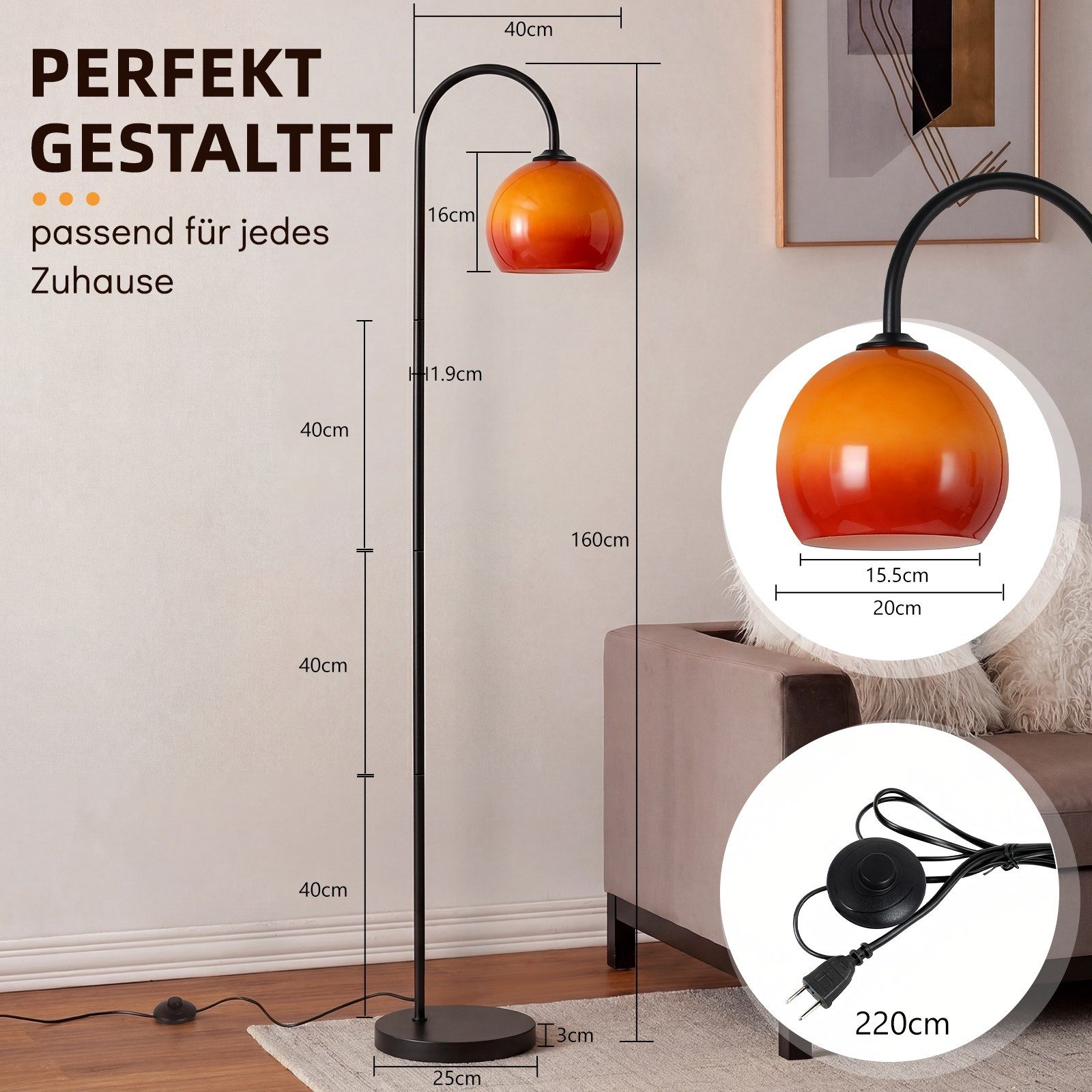 ZMH Bodenleuchte LED Stehleuchte Angelruten-Form, schwarz, bernsteinfarbenes Glas, leicht zu reinigen, schnelle Montage, Leselampe