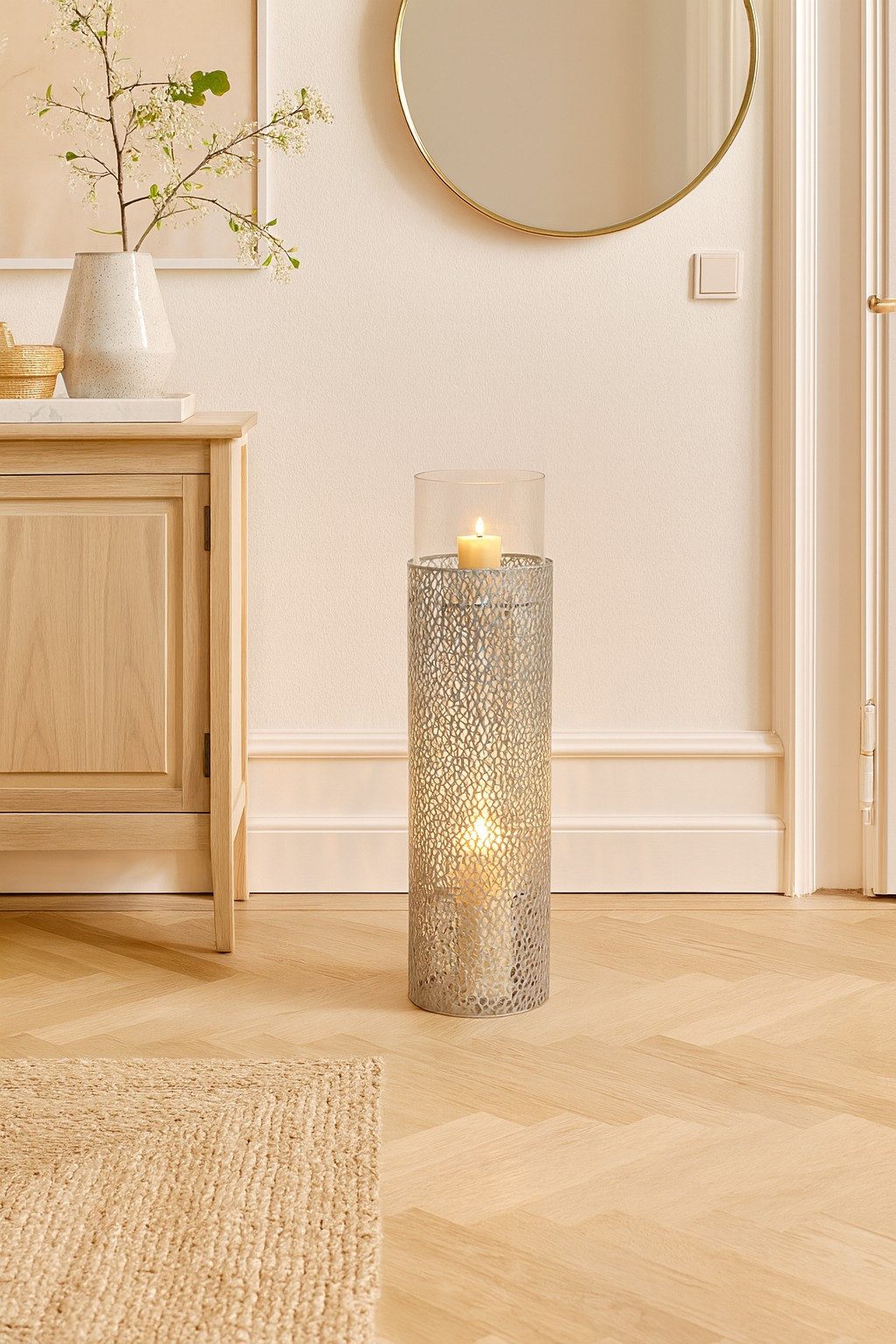 moebel-direkt-online Standkerzenhalter Aus Metall mit einem großen Glasaufsatz