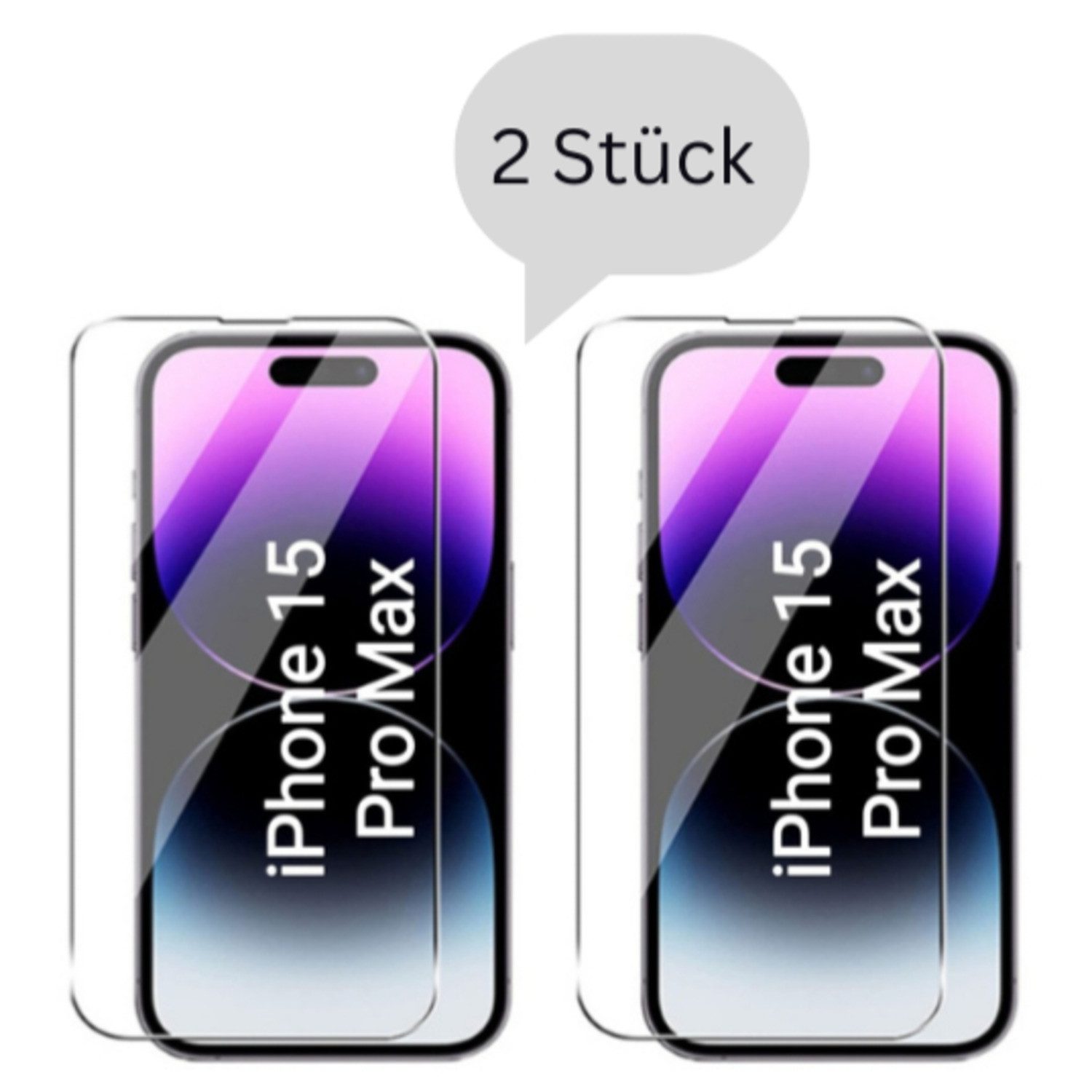 CLM-Tech Displayschutzglas 2x Schutzfolie für iPhone 15 Pro Max - Panzerfolie für Apple iPhone 15 Pro Max, - Panzerglas Folie - Anti-Fingerabdruck und kratzfest -, 2 Stück, Kristallklar