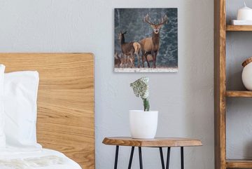 OneMillionCanvasses® Leinwandbild Waldtiere - Hirsche - Landschaft - Winter - Schnee - Natur, (1 St), Leinwand Bilder für Wohnzimmer Schlafzimmer