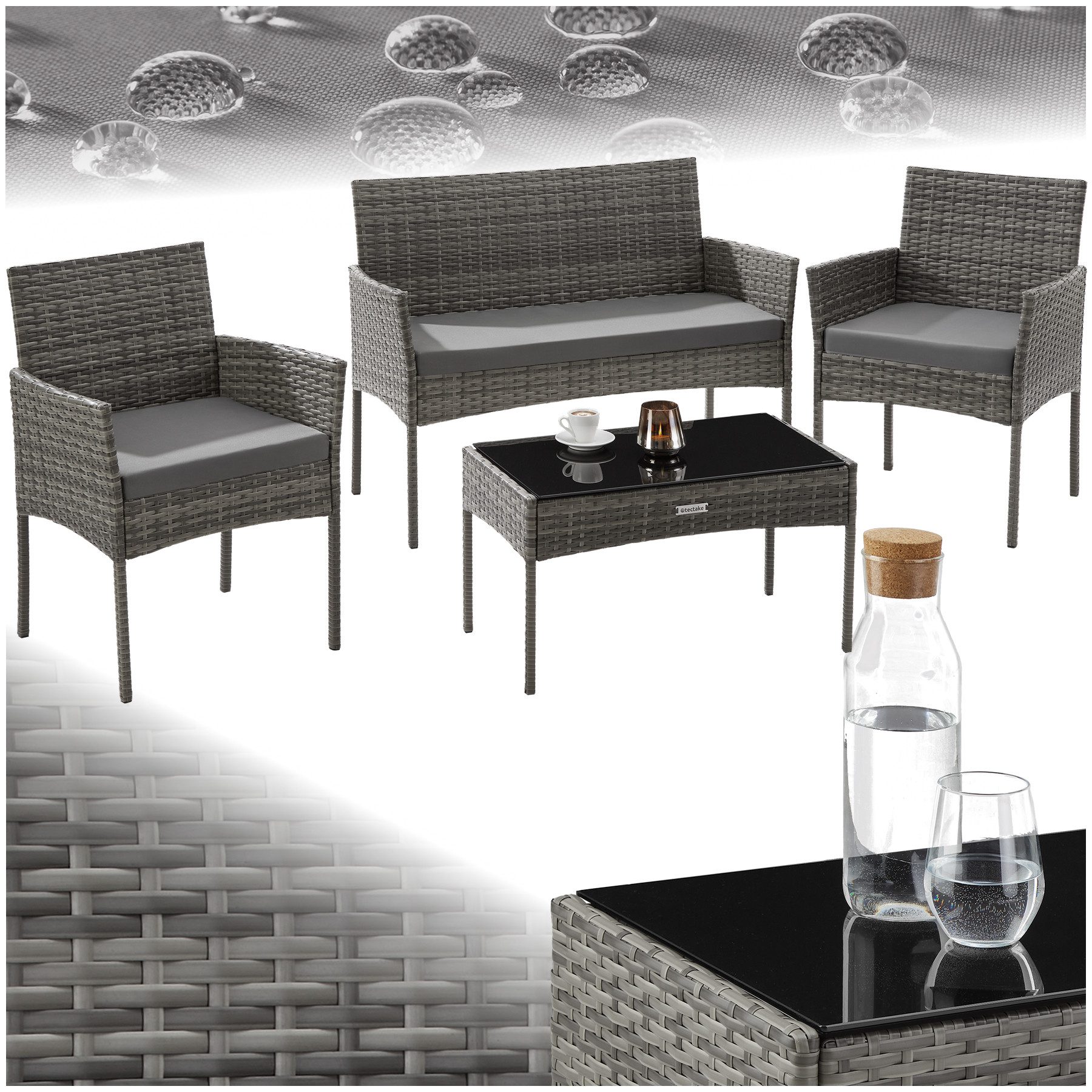 tectake Sitzgruppe Rattan Gartenset, (Set., 4-tlg), Wasserabweisende, abnehmbare und waschbare Polyesterbezüge