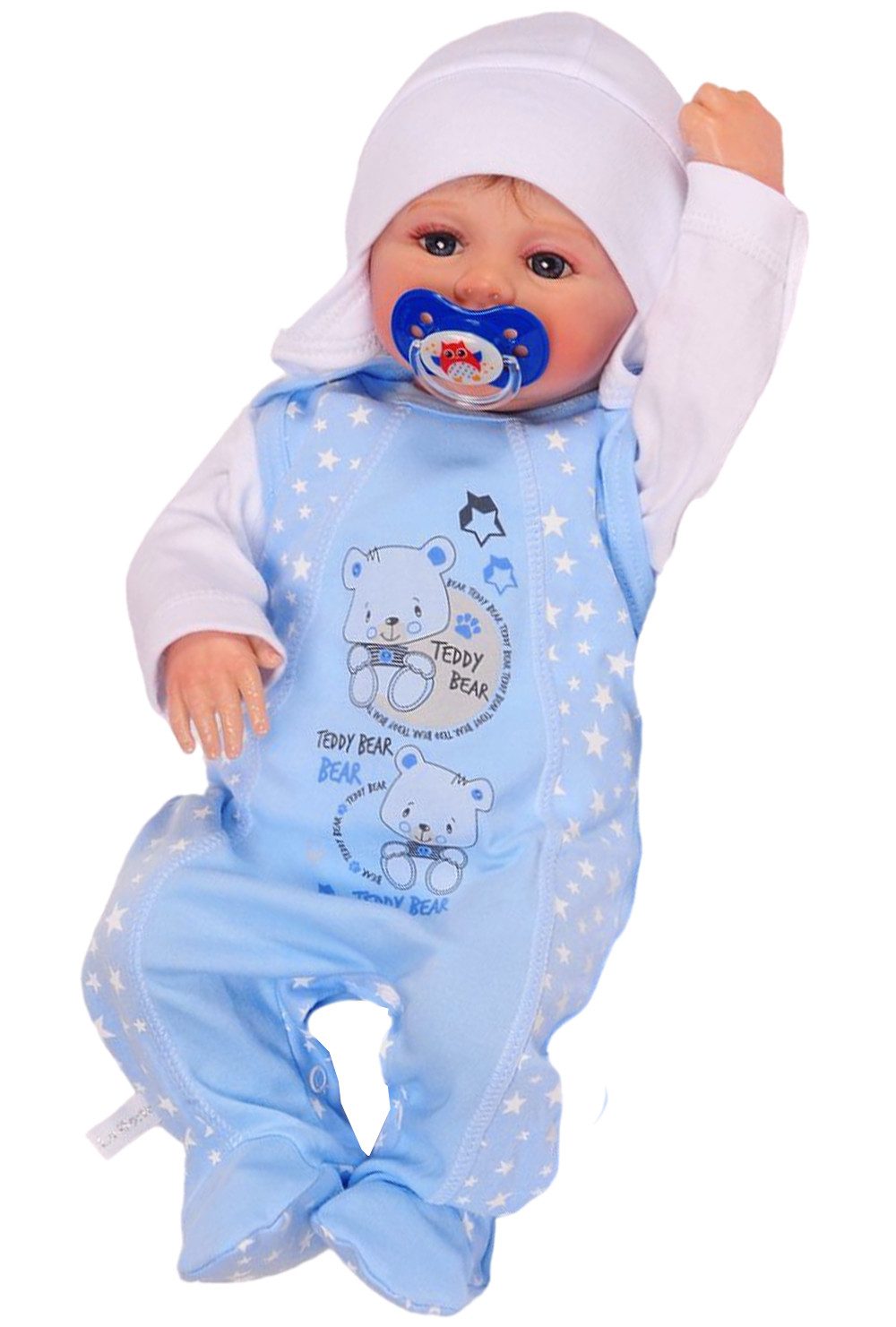 La Bortini Strampler Stramplerhose Shirt Mütze Set in Weiß Blau mit Sternchen aus reiner Baumwolle, mit Bärchen, 44 50 56 62 68 74
