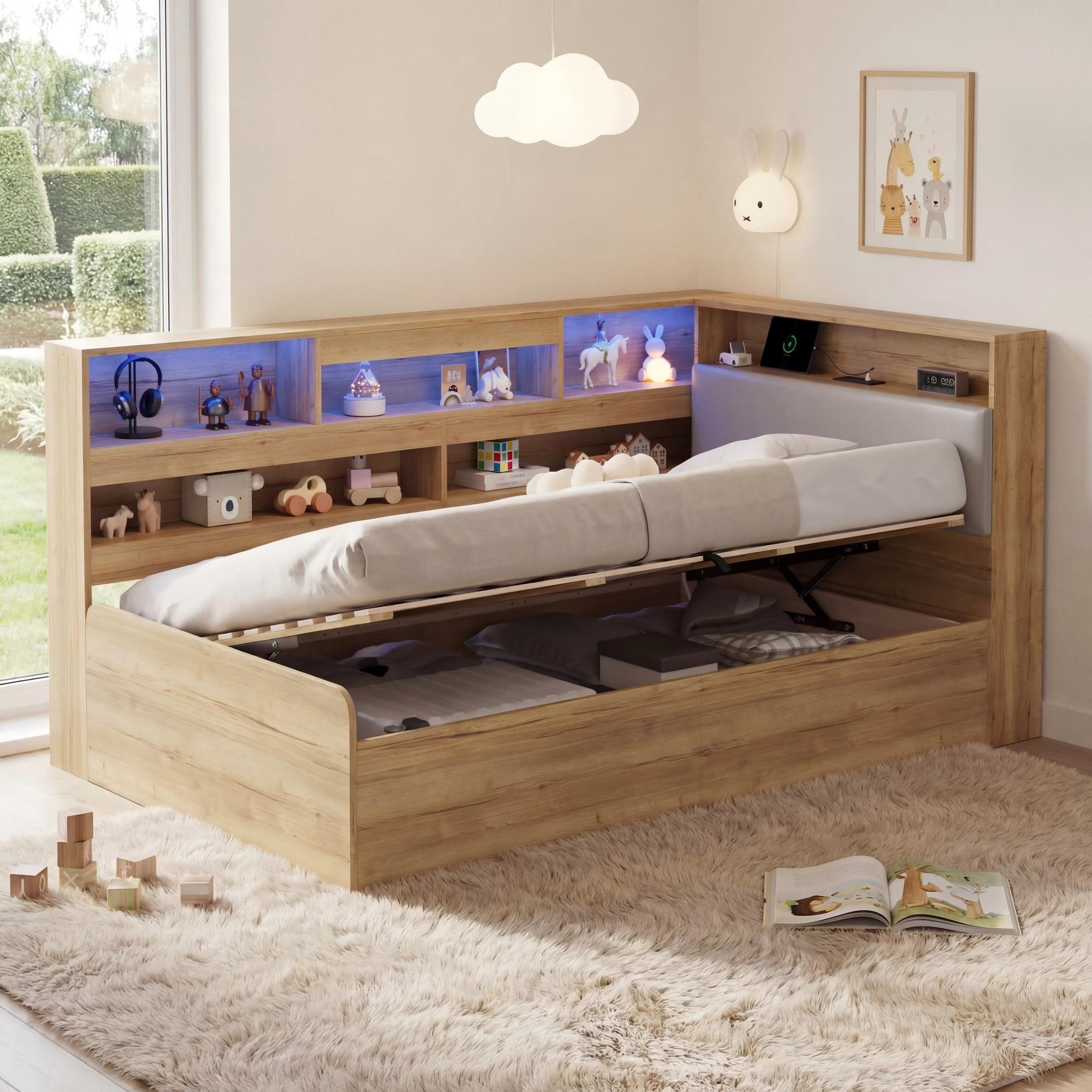 Flieks Daybett, Hydraulisches Stauraumbett Kinderbett 90x200cm mit Aufladen & LED