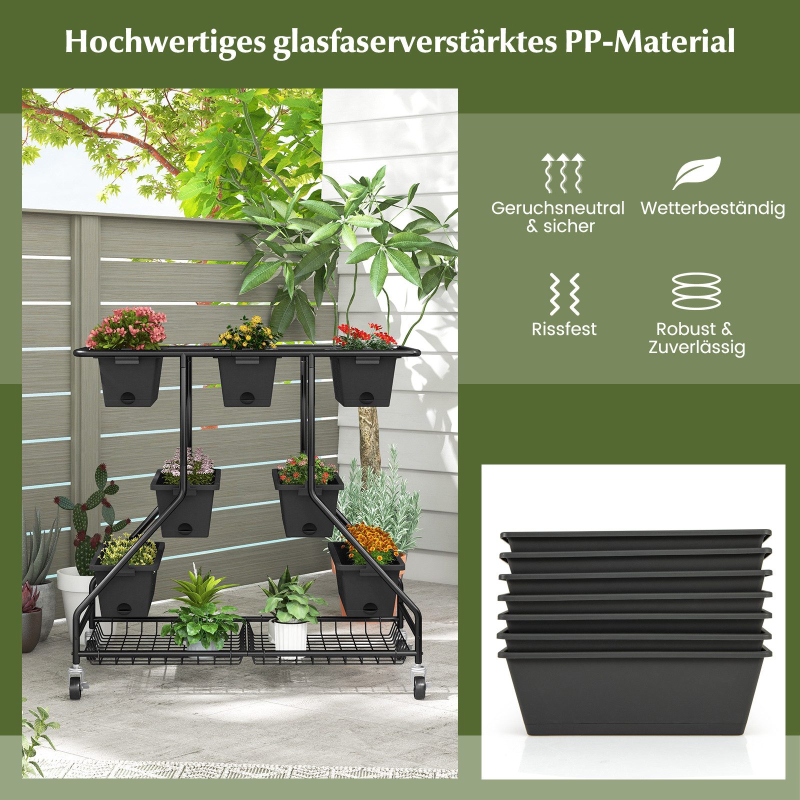 COSTWAY Blumenständer (1 St), mit Rollen, 7 Pflanzkästen, 2 Körben, Abflusslöchern