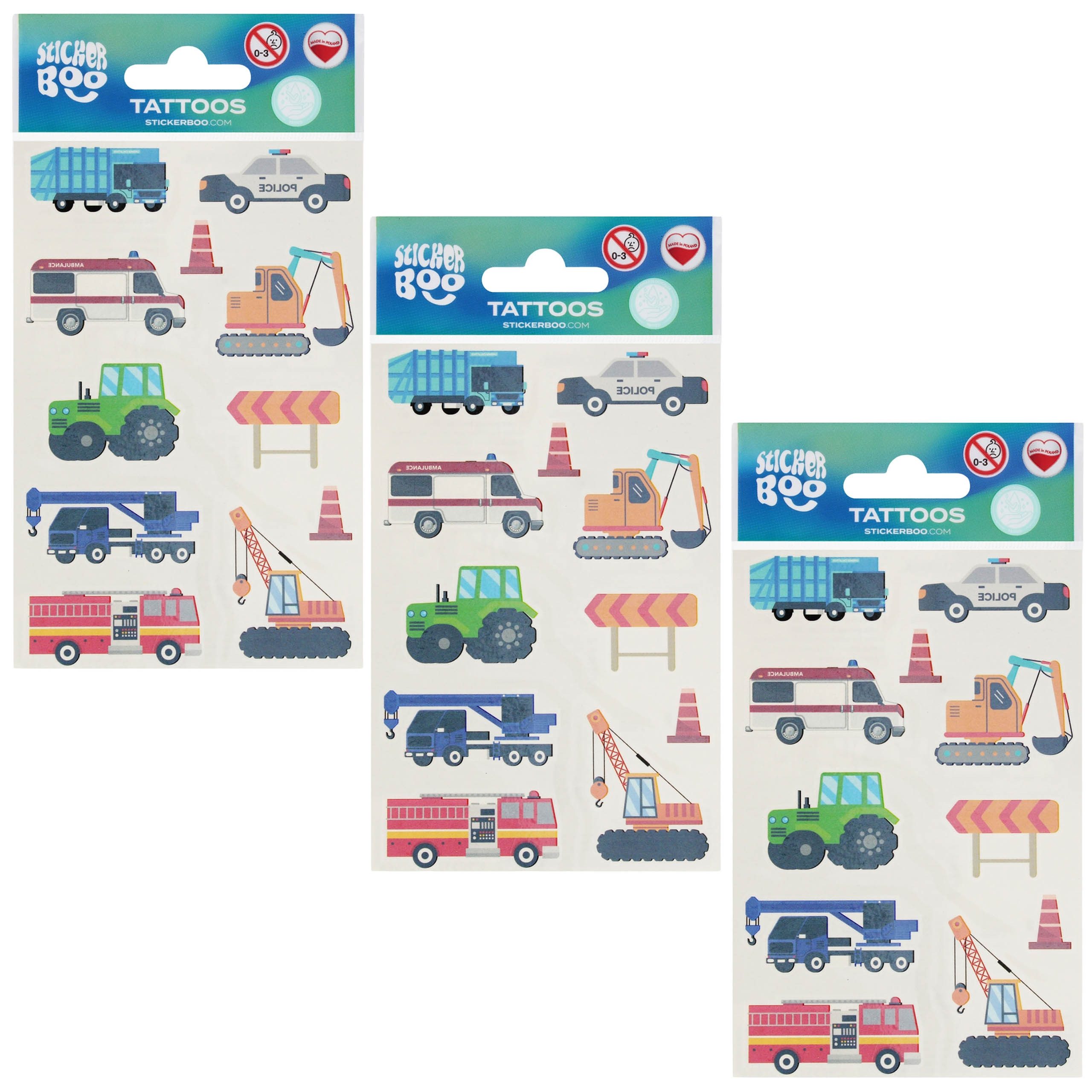 Sarcia.eu Stickerbuch Tattoo-Set Fahrzeuge für Kinder, 30 waschbare Tattoos, 3 Blätter