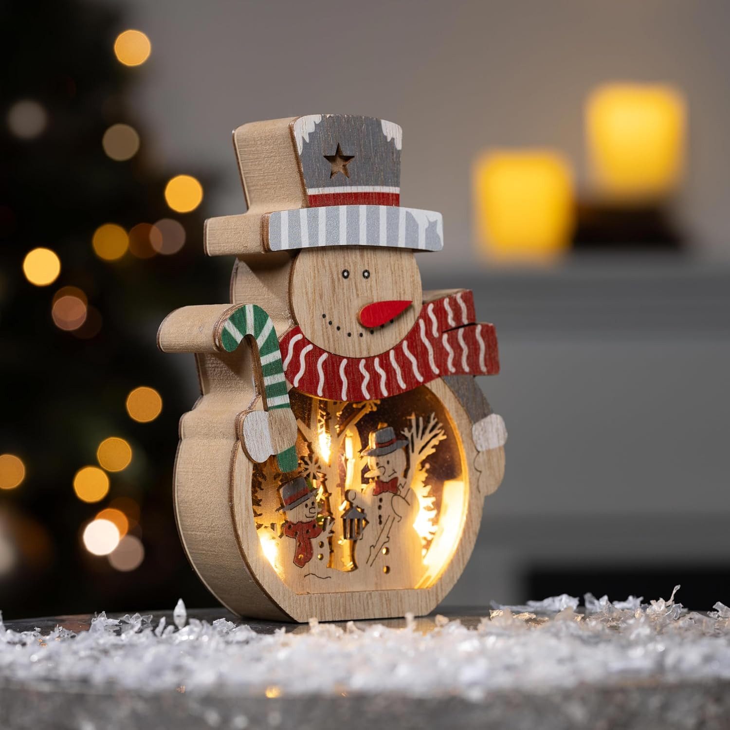 mucHome LED-Dekofigur LED Holzdeko Schneemann & Weihnachtsmann 5 warmweiße LEDs Beleuchtung