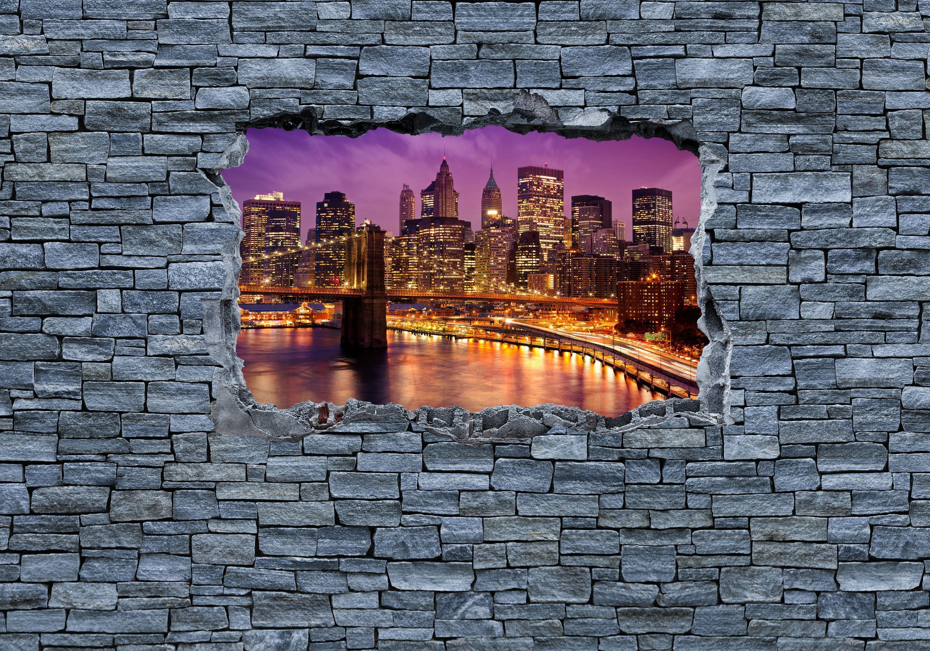 wandmotiv24 Fototapete 3D Optik - New York Manhattan bei Nacht, glatt, Wandtapete, Motivtapete, matt, Vliestapete