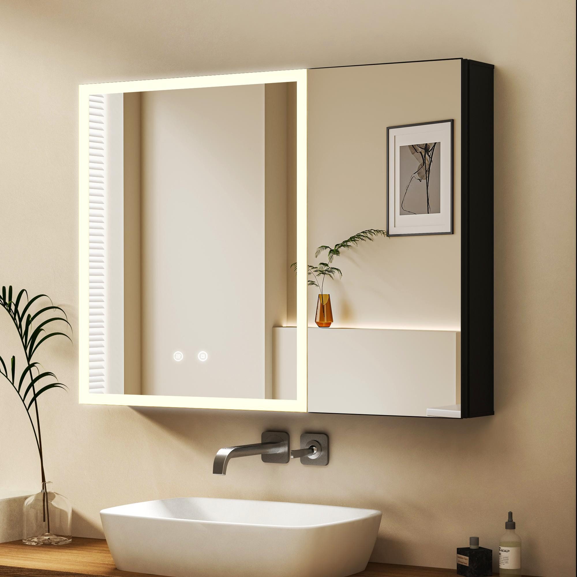 WDWRITTI Badezimmerspiegelschrank mit Beleuchtung 80 x 60 cm, Spiegelschrank Schwarz mit touch, 2 türen (Alu Schrank, Doppelseitiger Spiegel, 3Lichtmodi, Dimmbar, Anti-fog, Memory) mit Netzadapter, Verstellbare Glasböden