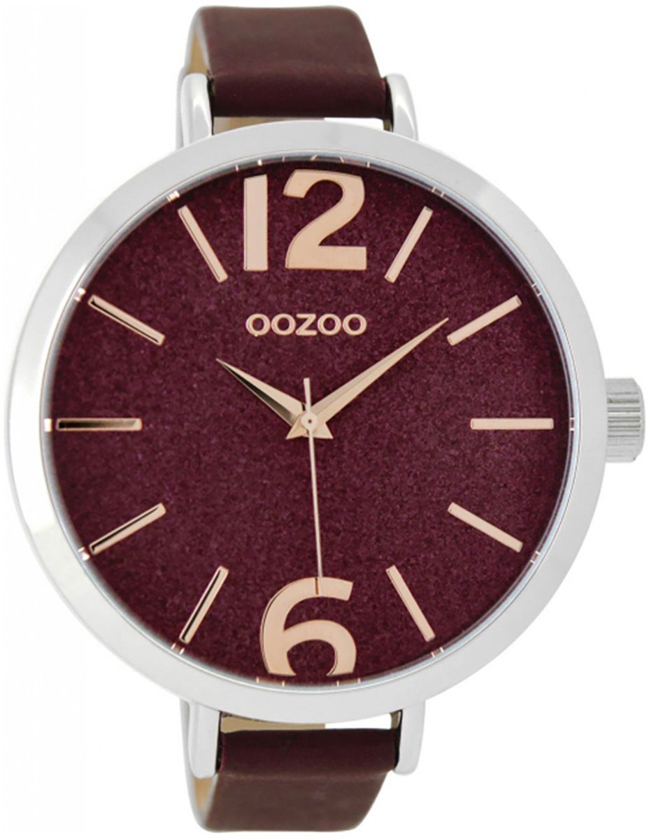 OOZOO Quarzuhr Oozoo Armbanduhr Damen silber, Damenuhr rund, extra groß (ca. 48mm) Lederarmband, Fashion-Style
