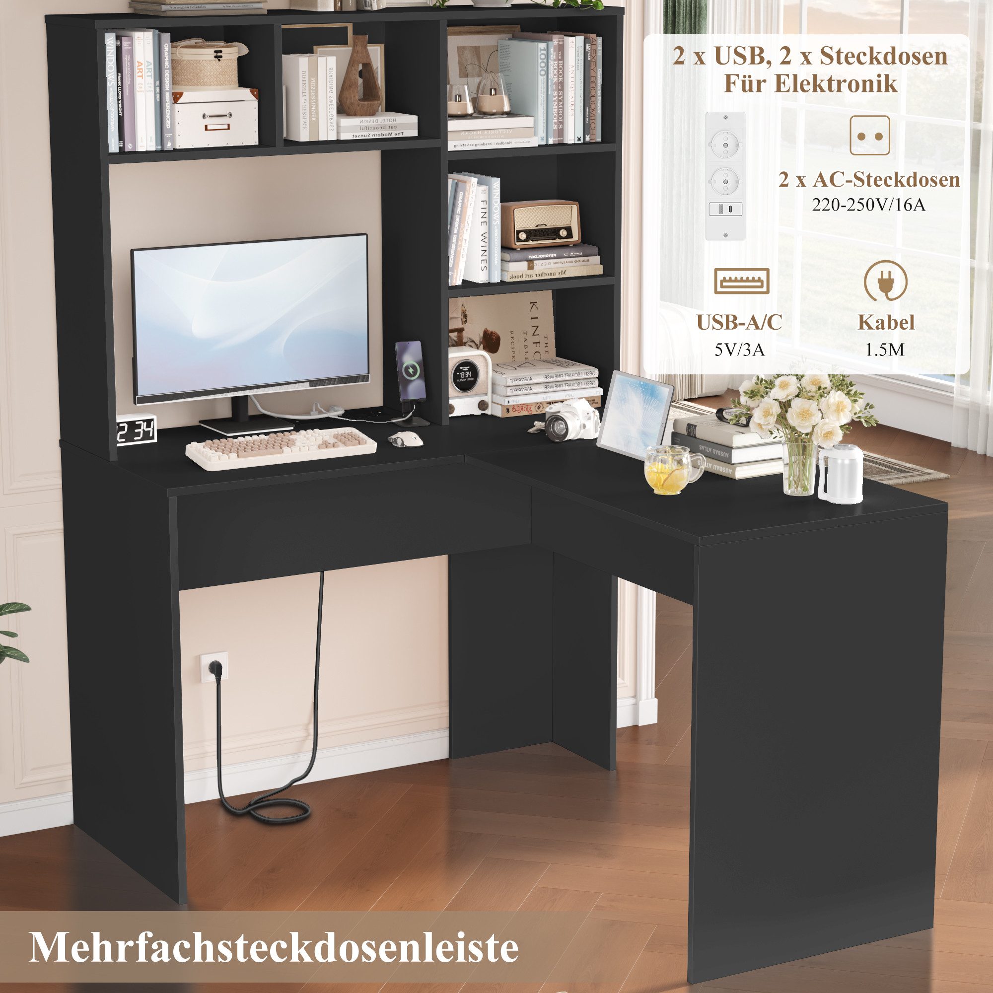Homfa Schreibtisch mit Steckdose, Eckschreibtisch L-förmig, Computertisch Bürotisch weiß 152cm