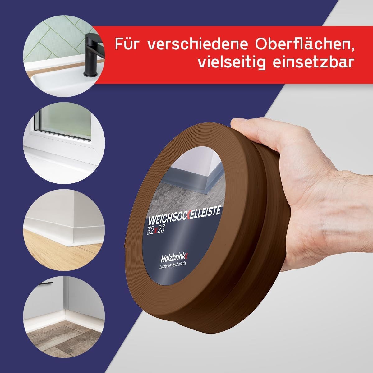 HOLZBRINK Sockelleiste HOLZBRINK selbstklebend PVC 32x23mm, 1 m, L: 100 cm, 1m Rolle, Küchenleiste Abschlussleiste für Badezimmer Farbe: Eiche Dunkel – Bild 4 von 5