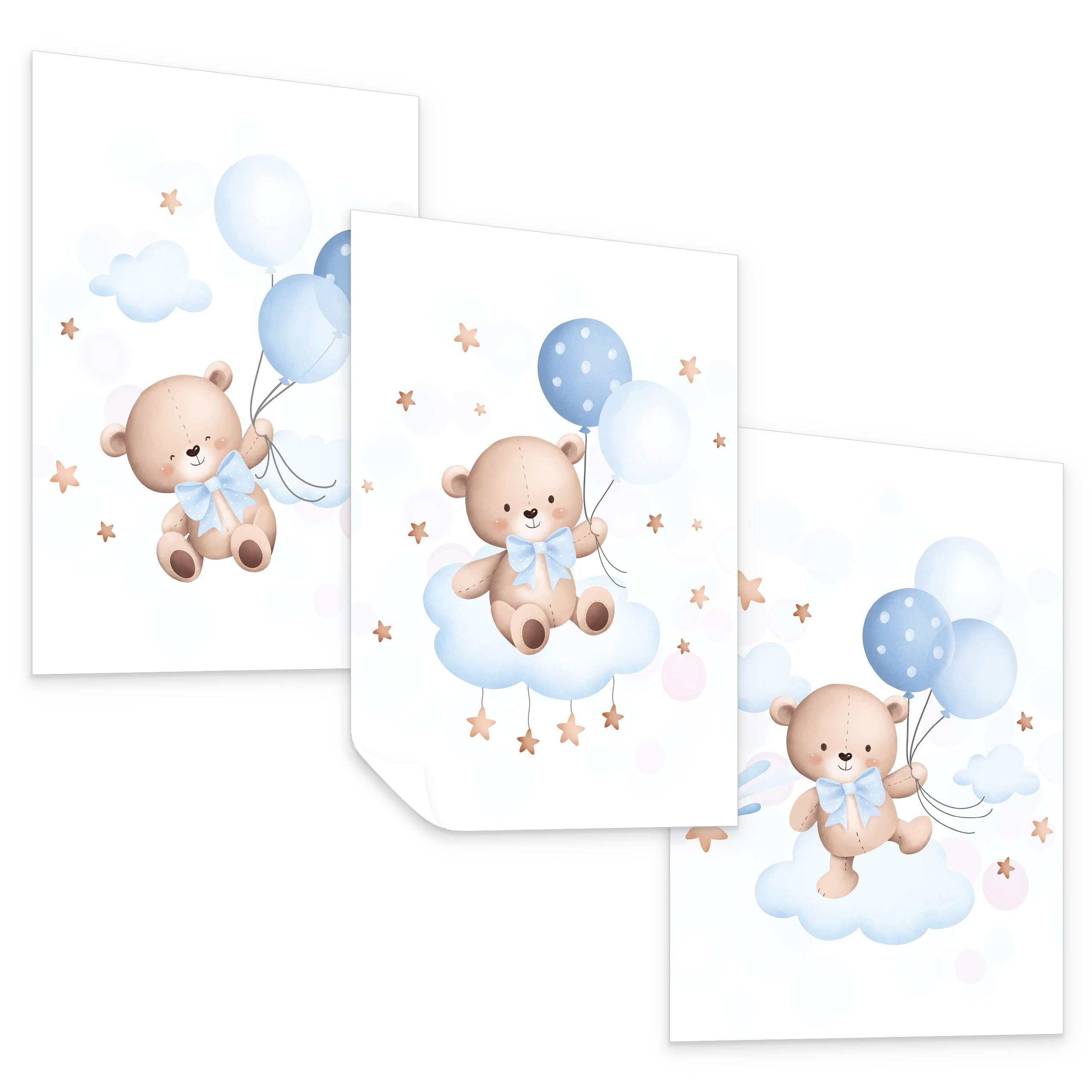 Muralo Poster Abstrakt – 3er-Set Poster Wandbild Kunstdruck Wohnzimmer Schlafzimmer, Abstrakt (Set, 3 St), Teddybären mit blauen Luftballons, 3er-Set 21 x 30 cm, ohne Rahmen