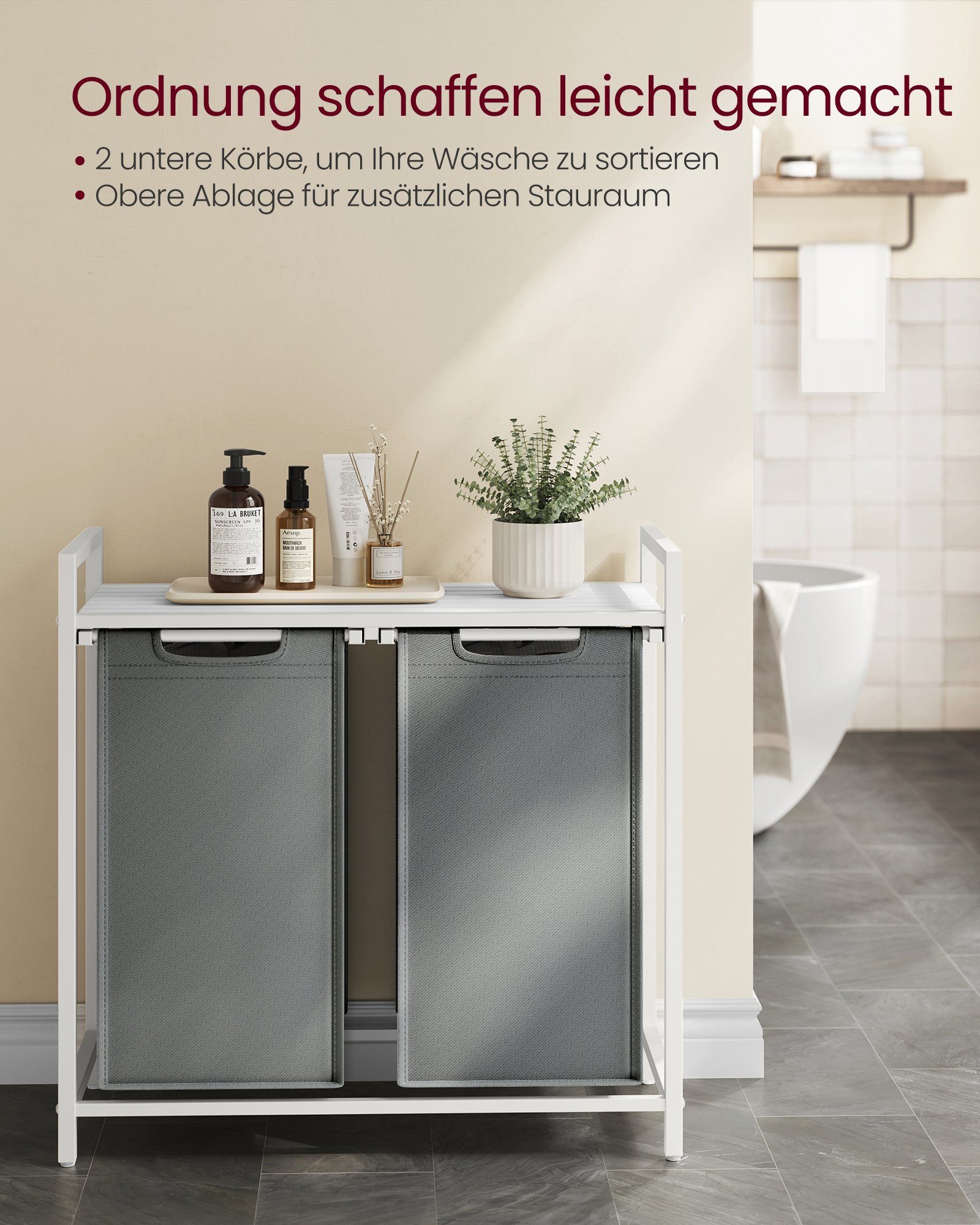 VASAGLE Wäschekorb, 2 Wäschesäcke aus Oxford-Gewebe, abnehmbar, 2 x 46 L