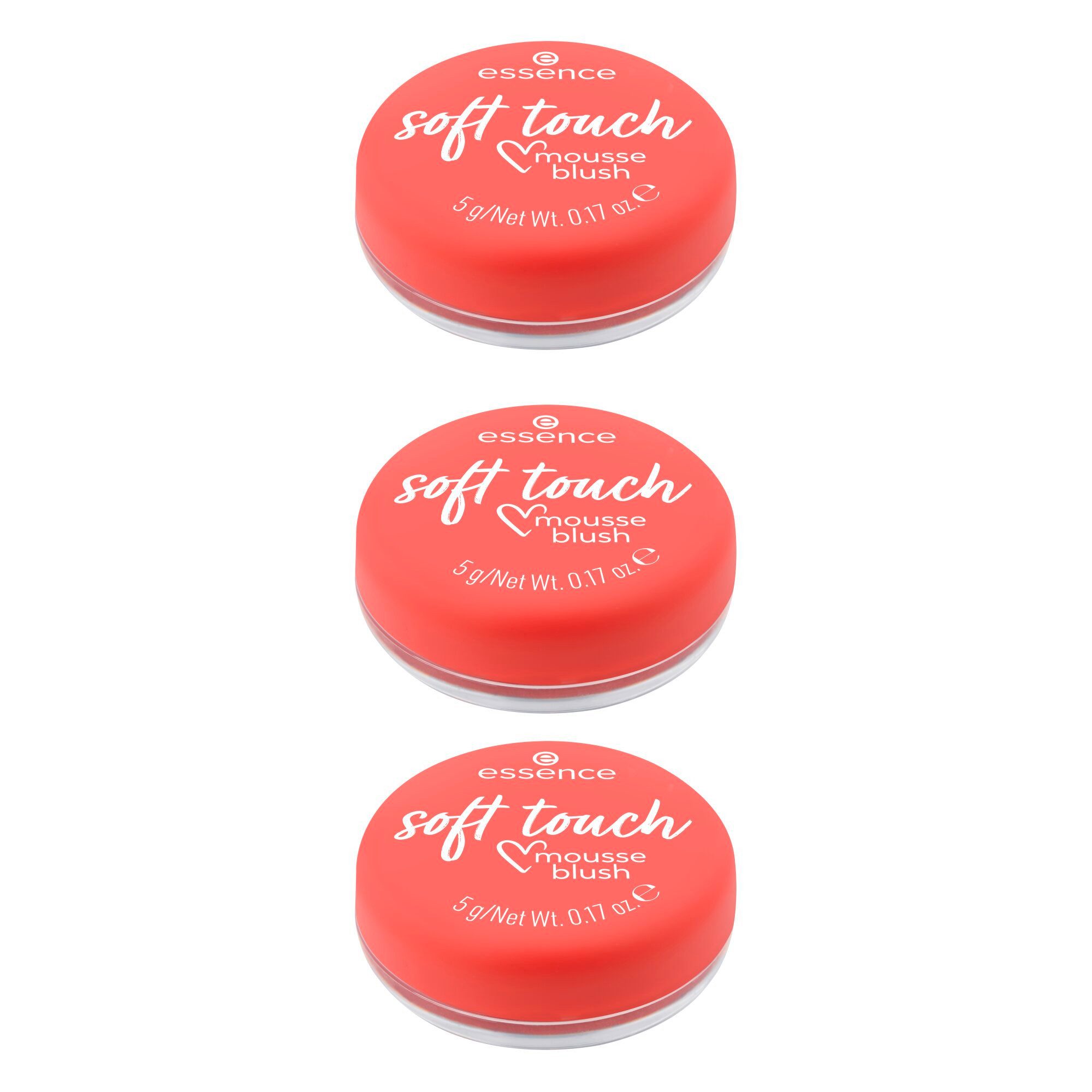 Essence Rouge soft touch mousse blush, 3-tlg., Ebenmäßiger und matter Look, zartes Puder-Finish, variable Deckkraft.