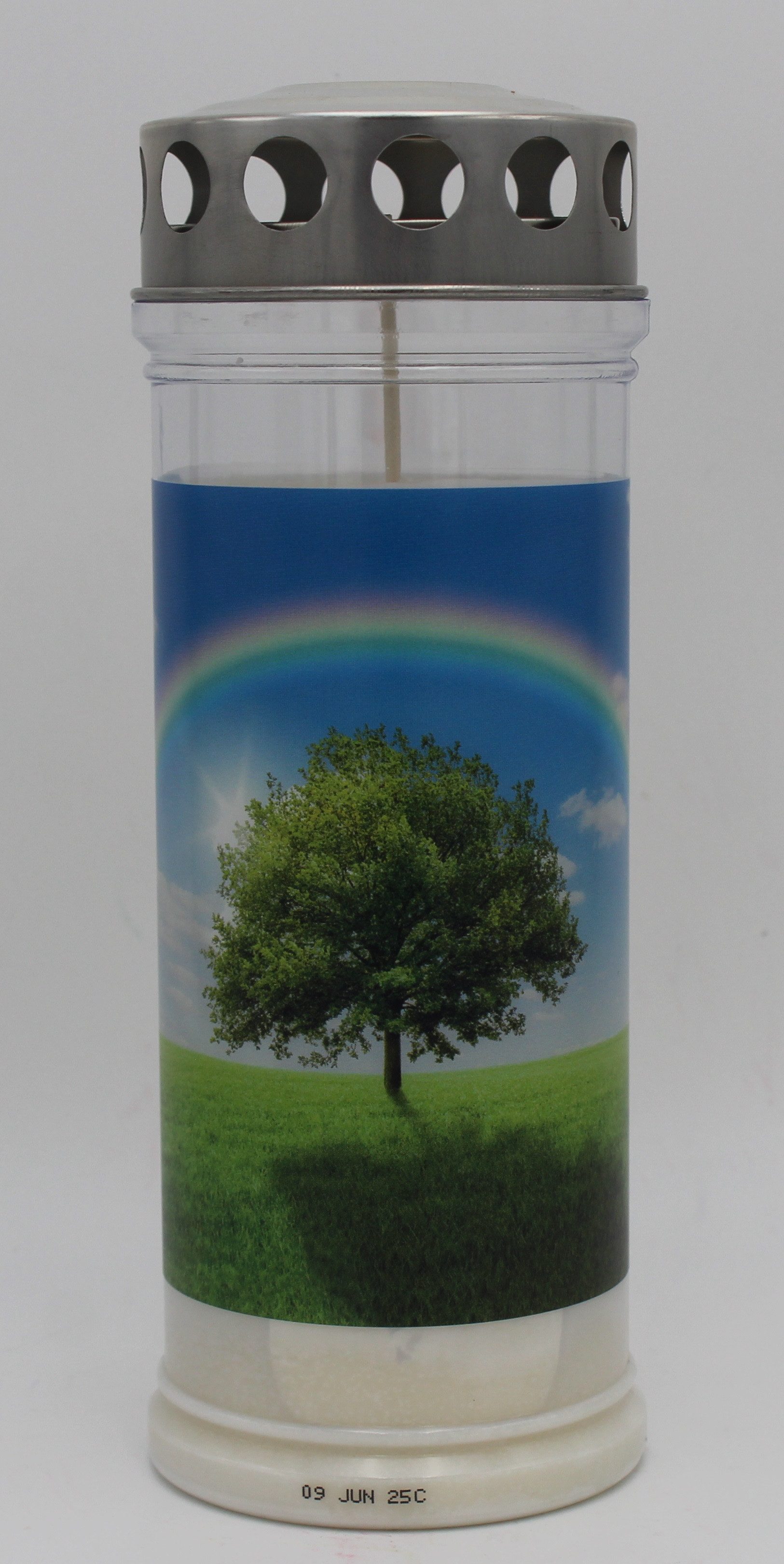 Kopschitz Kerzen Grabkerze 7-Tage-Brenner Grabkerze – Transparent Baum mit Regenbogen-Motiv