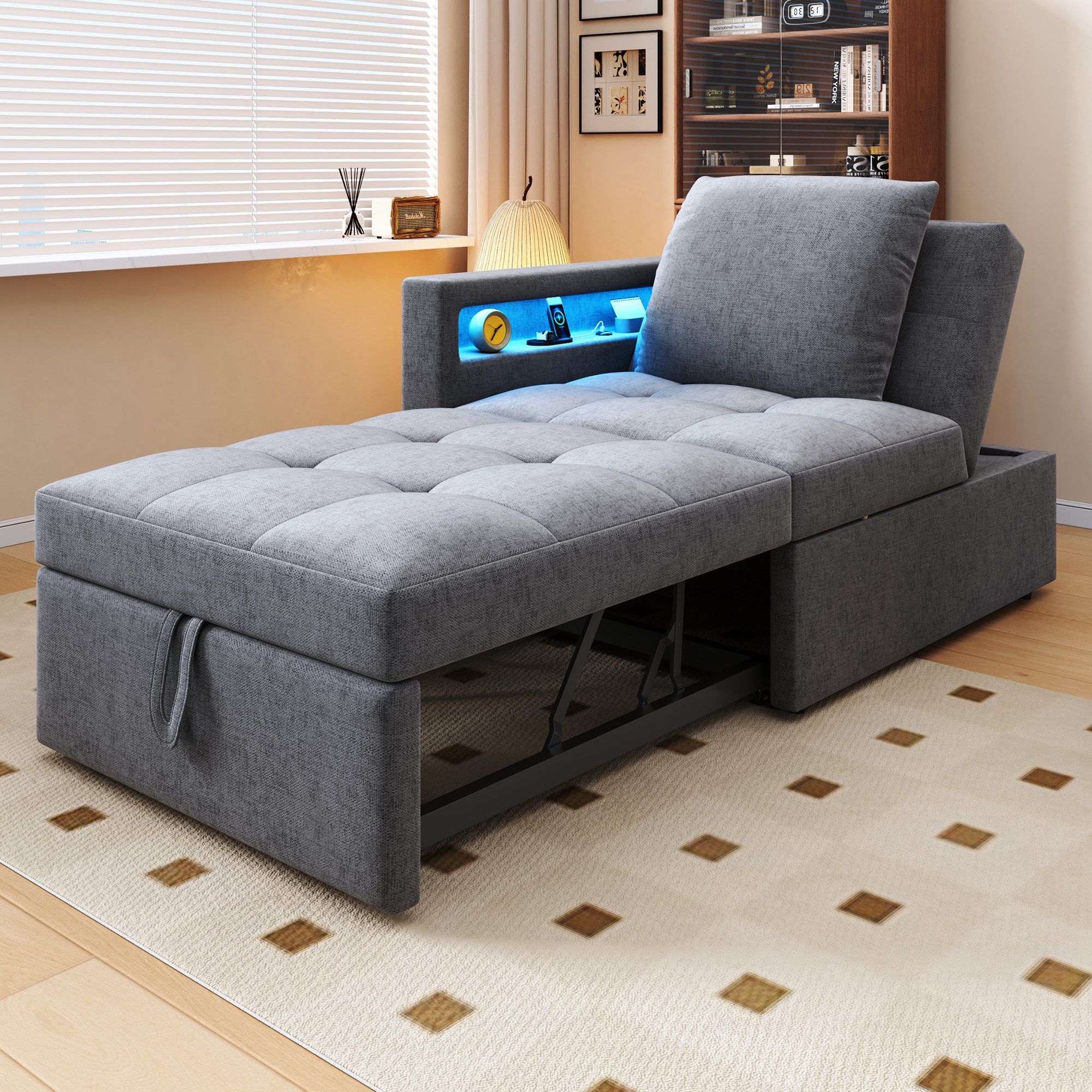 OKWISH Sofa Polster-Schlafsofa, 3-in-1 mit LED-Armlehne und USB-/Typ-C-Anschluss, verstellbarer Rückenlehne