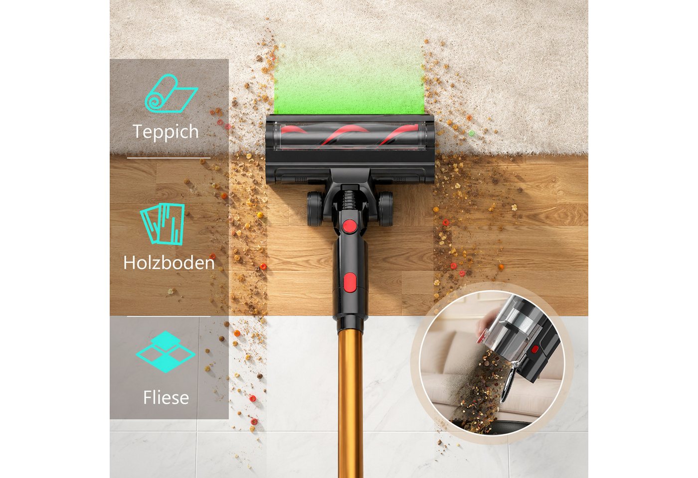 Rosnek Akku-Hand-und Stielstaubsauger Akku Staubsauger, Kabelloser Staubsauger für Tierhaare & Teppich, 650 W, beutellos, 50kPa Stark, 60Min, Anti-Tangle, inkl. Wandladestation