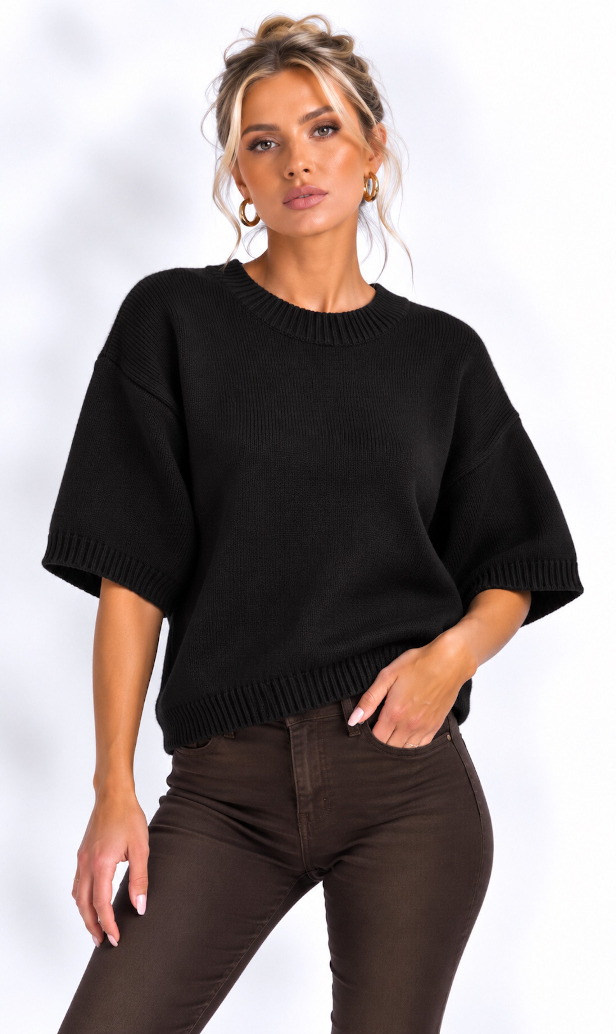 Worldclassca Strickpullover Worldclassca Damen Basic Kurzarm Strickpullover Leicht Rundhals Pulli Neue Kollektion - Stilvolle und gemütliche Strickmode für Damen