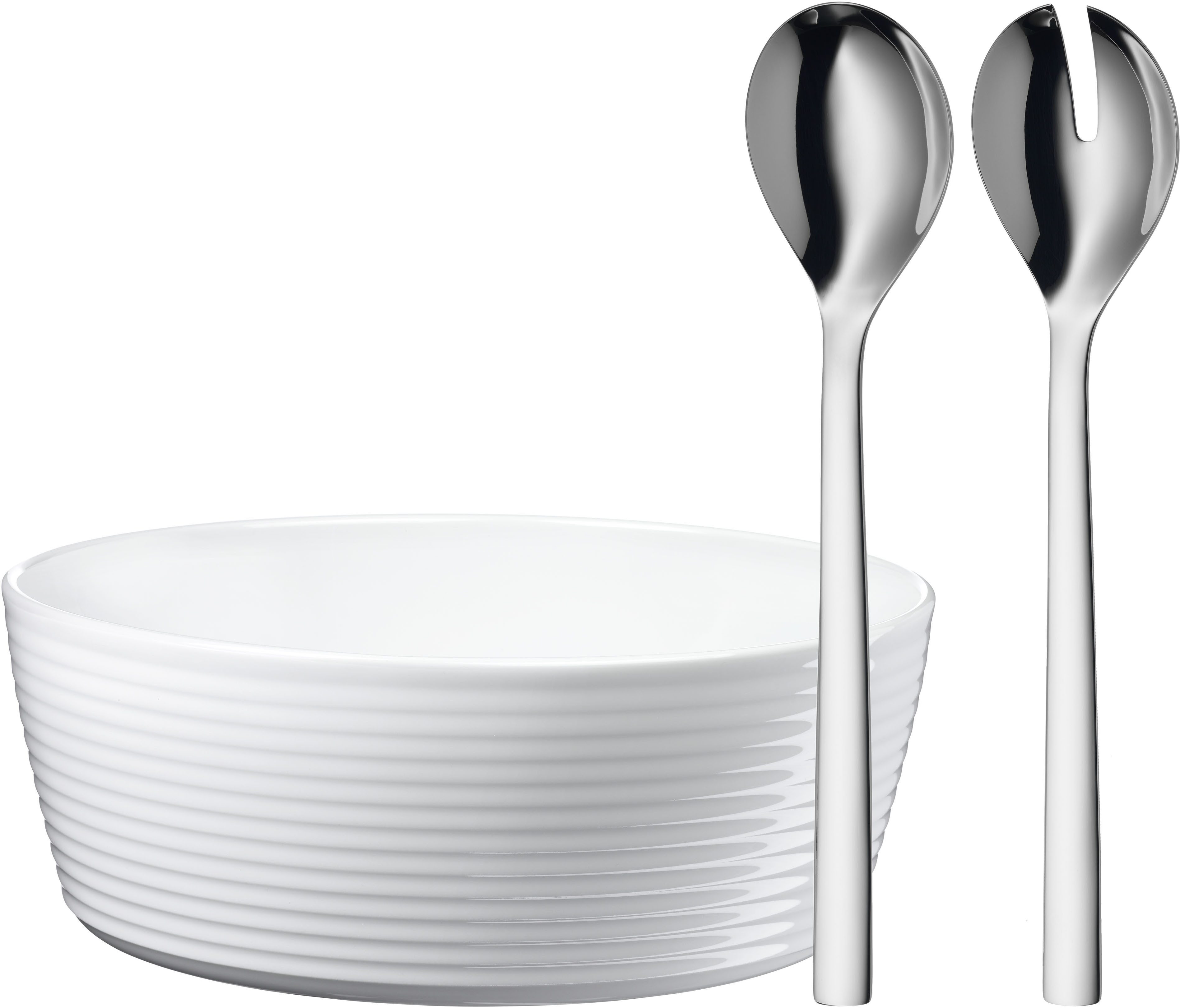 WMF Salatbesteck Nuova (Set, 3-tlg), 2x Salatbesteck, 1x Porzellan-Salatschüssel, Geschenkverpackung