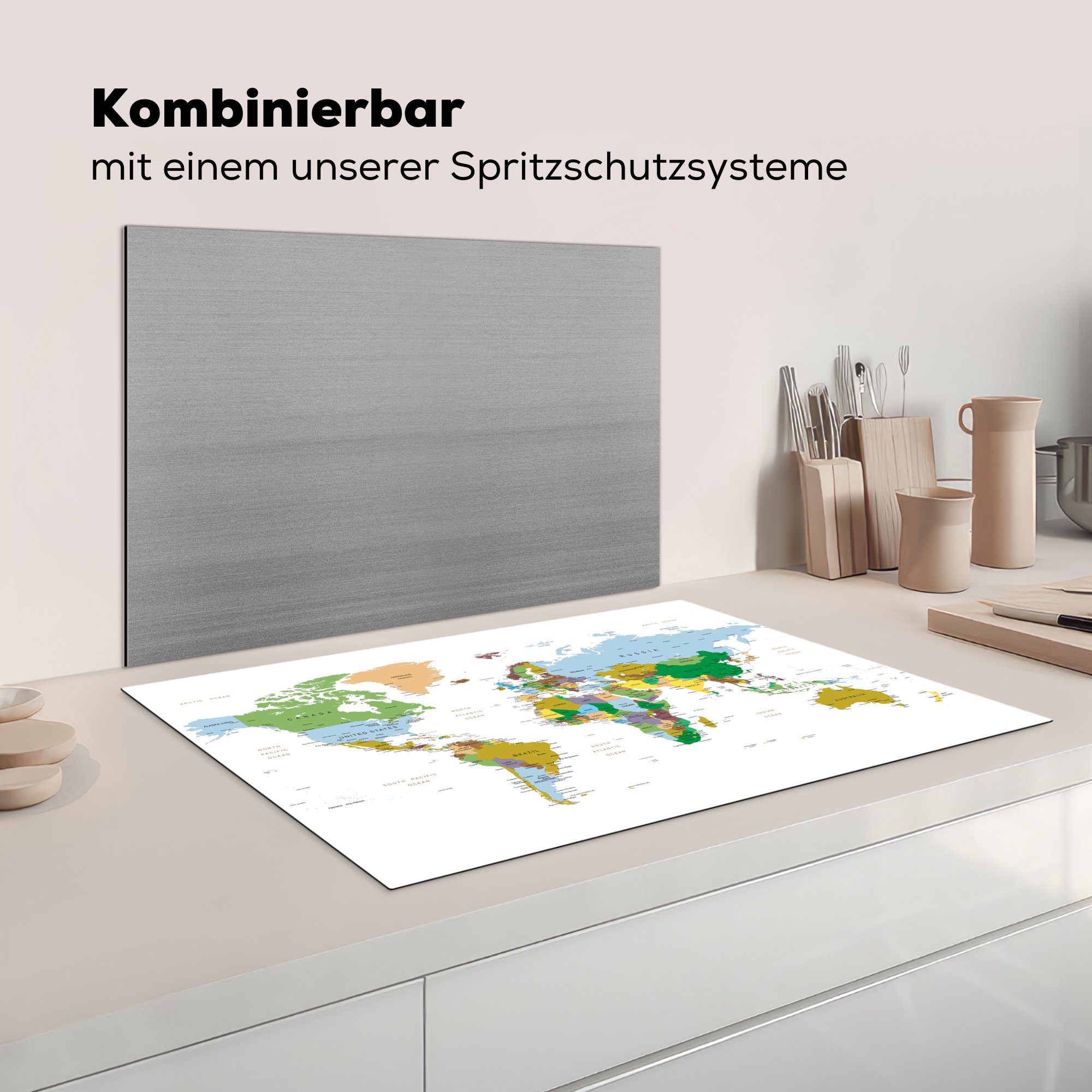 küche, Induktionskochfeld 81x52 für Ceranfeldabdeckung die Herdblende-/Abdeckplatte Vinyl, - Farben, cm, (1 Schutz - MuchoWow Erde Weltkarte tlg),