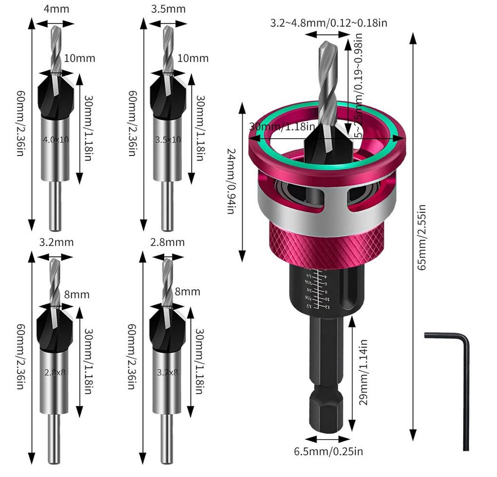 Thumbnail - JOYOLEDER Senkbohrer 6 tlg Kegelsenker-Bohrer-Set, Bohrsenker mit Tiefenanschlag, (Senker Holzbohrer mit 1/4" Hex Schaft...