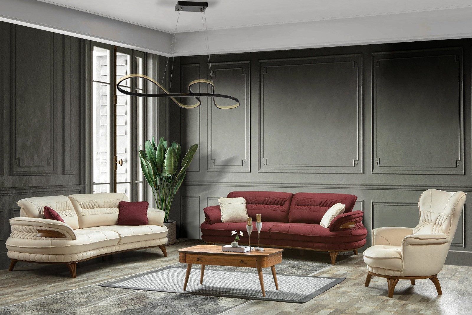 Polsterei Marya Polstergarnitur Ferah : 3+3-Sitzer Sofa + 1 Sessel, (Bringen Sie mit dem stilvollen Set FERAH, bestehend aus einem großzügigen 3+3-Sitzer Sofa und komfortablen Sesseln, Eleganz und Gemütlichkeit in Ihr Wohnzimmer., 3-tlg., Hochwertige Materialien, sorgfältige Verarbeitung und modernes Design), Höchster Sitzkomfort & langlebige Qualität