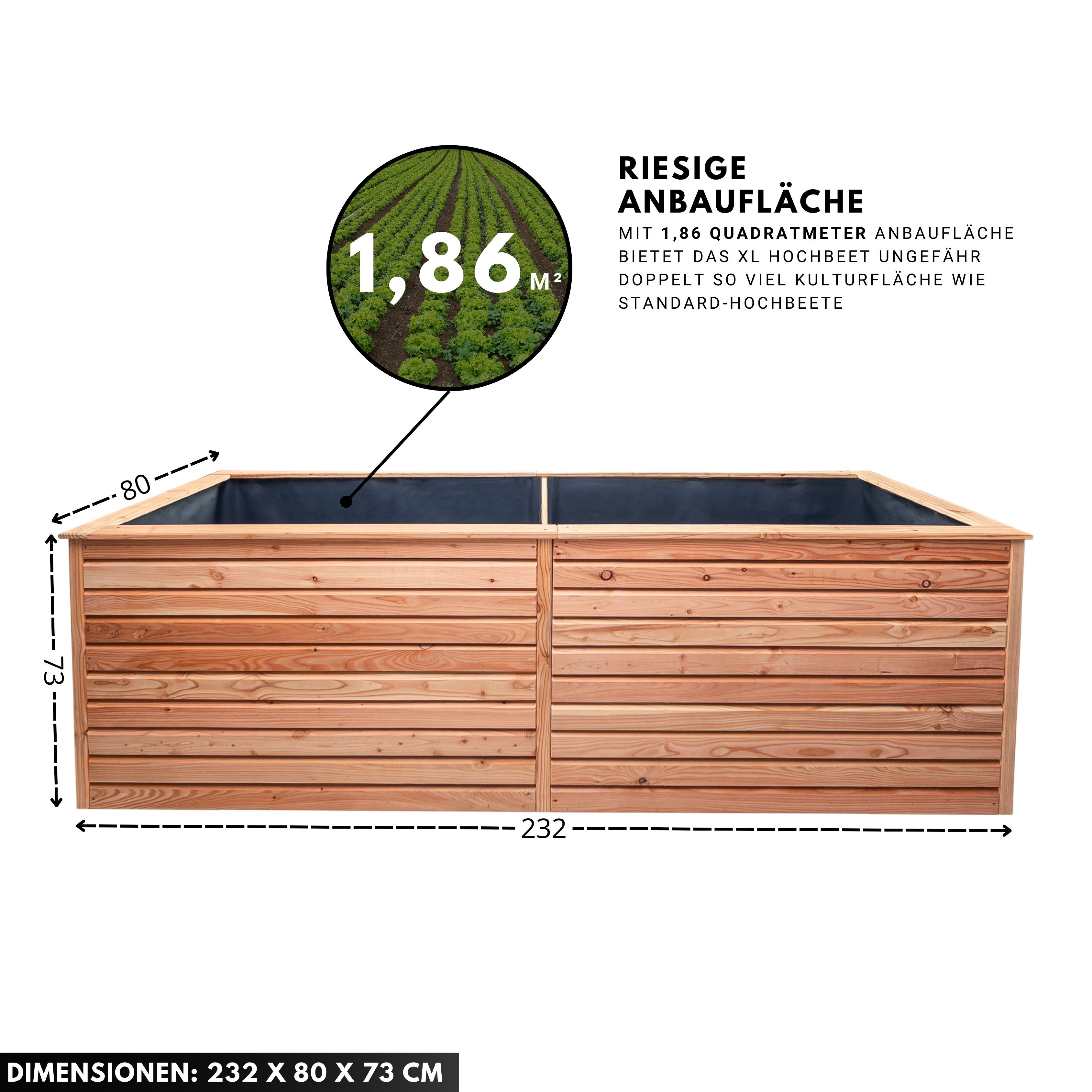 Mega-Holz Hochbeet Mega-Holz Hochbeet Rhombus XL aus heimischem Lärchenholz, 232x80x73 cm (Komplettsatz Hochbeet + Erweiterung), Holz Blumenbeet für den Garten inkl. Pflanzfolie