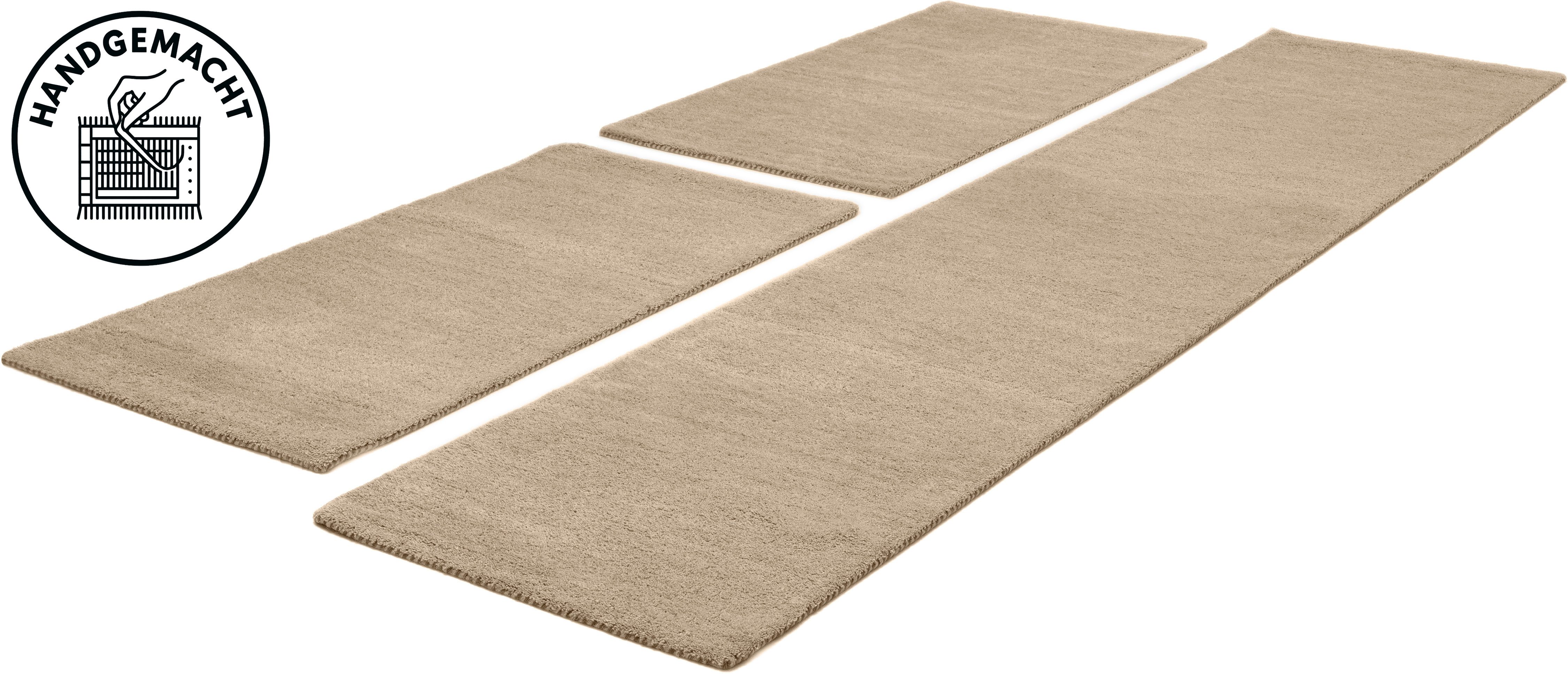 THEKO Bettumrandung Gabbeh Uni, Handweb Teppich, meliert, reine Wolle, Höhe 14 mm, (3-tlg), Bettvorleger, Uni-Farben, handgewebt, Läufer-Set, Schlafzimmer