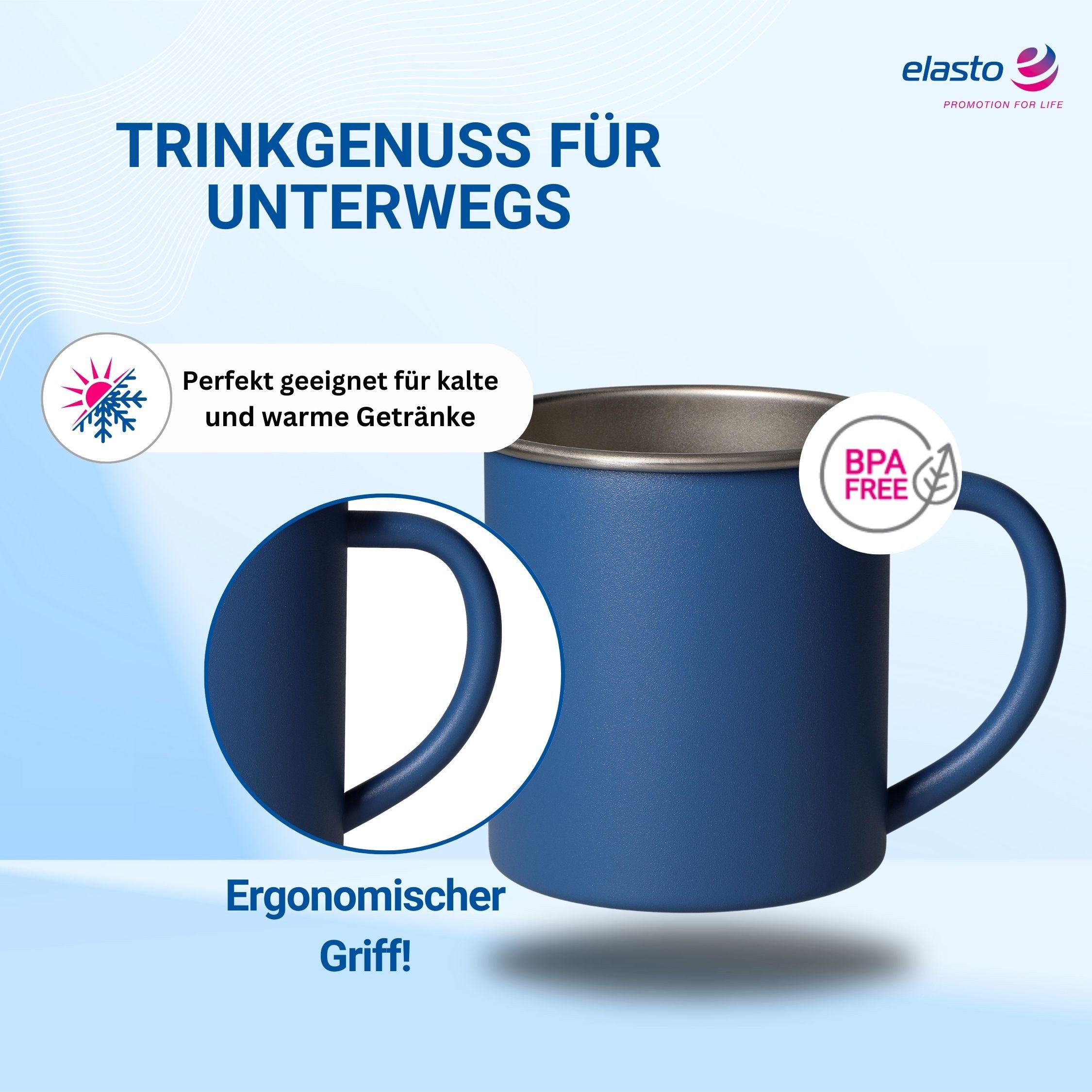 elasto Becher ADVENTURA Outdoor Trinkbecher aus Edelstahl 340ml BPA-frei, Kaffeebecher, Teetasse, camping Zubehör, Becher mit Henkel, robust