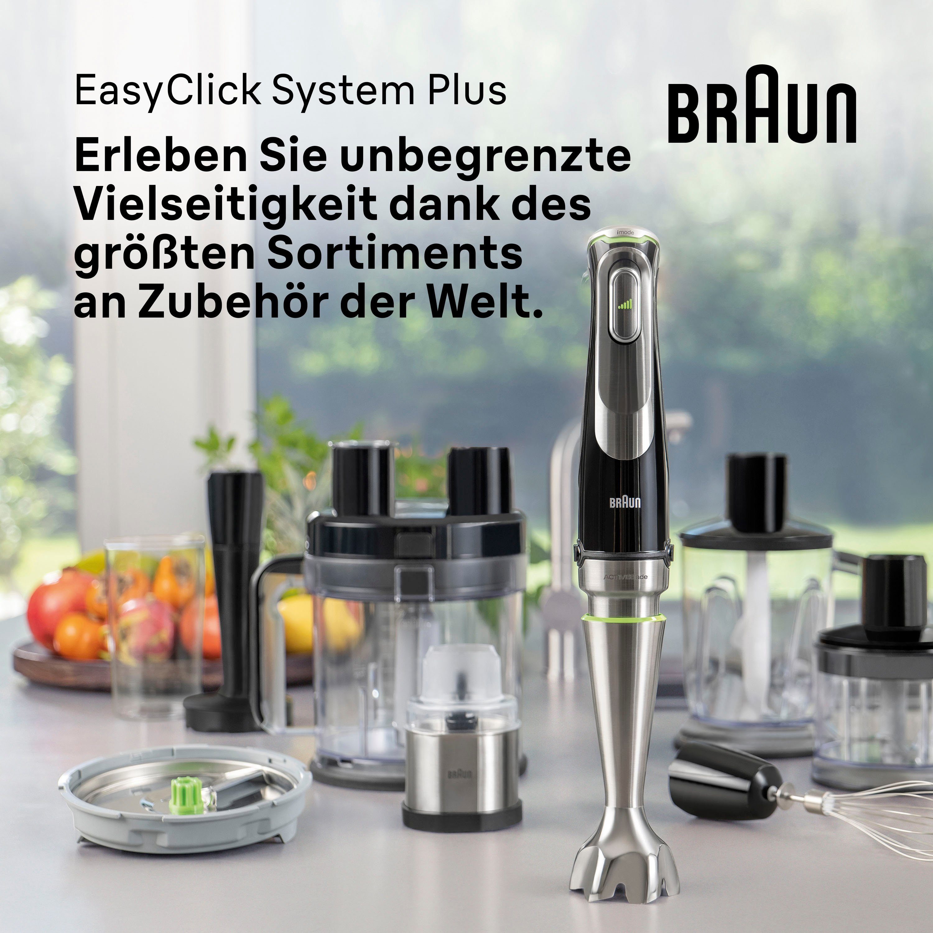 Braun Stabmixer MQ 9147X MultiQuick 9, 1200 W, Schneebesen, Mixeraufsatz,  Zerkleinerer, Gemüsestampfer, 0,6l Behälter