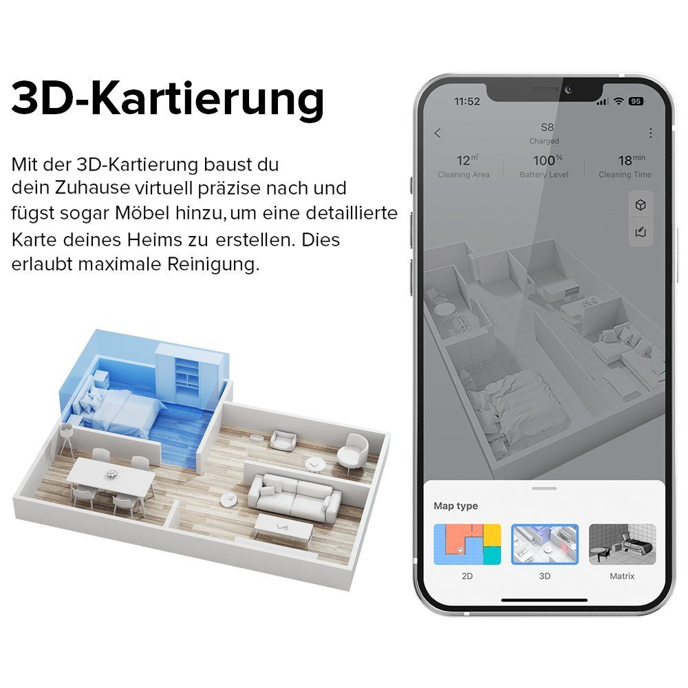 Roborock Saugroboter S8, W, S7 Upgrade VibraRise Wischen, Licht, Control, MaxV Weiß DuoRoller-Bürste, von Roborock 3D-Mapping, 3D-Strukturiertes VS S7, APP 6000Pa, Kindersicherung, 69,00