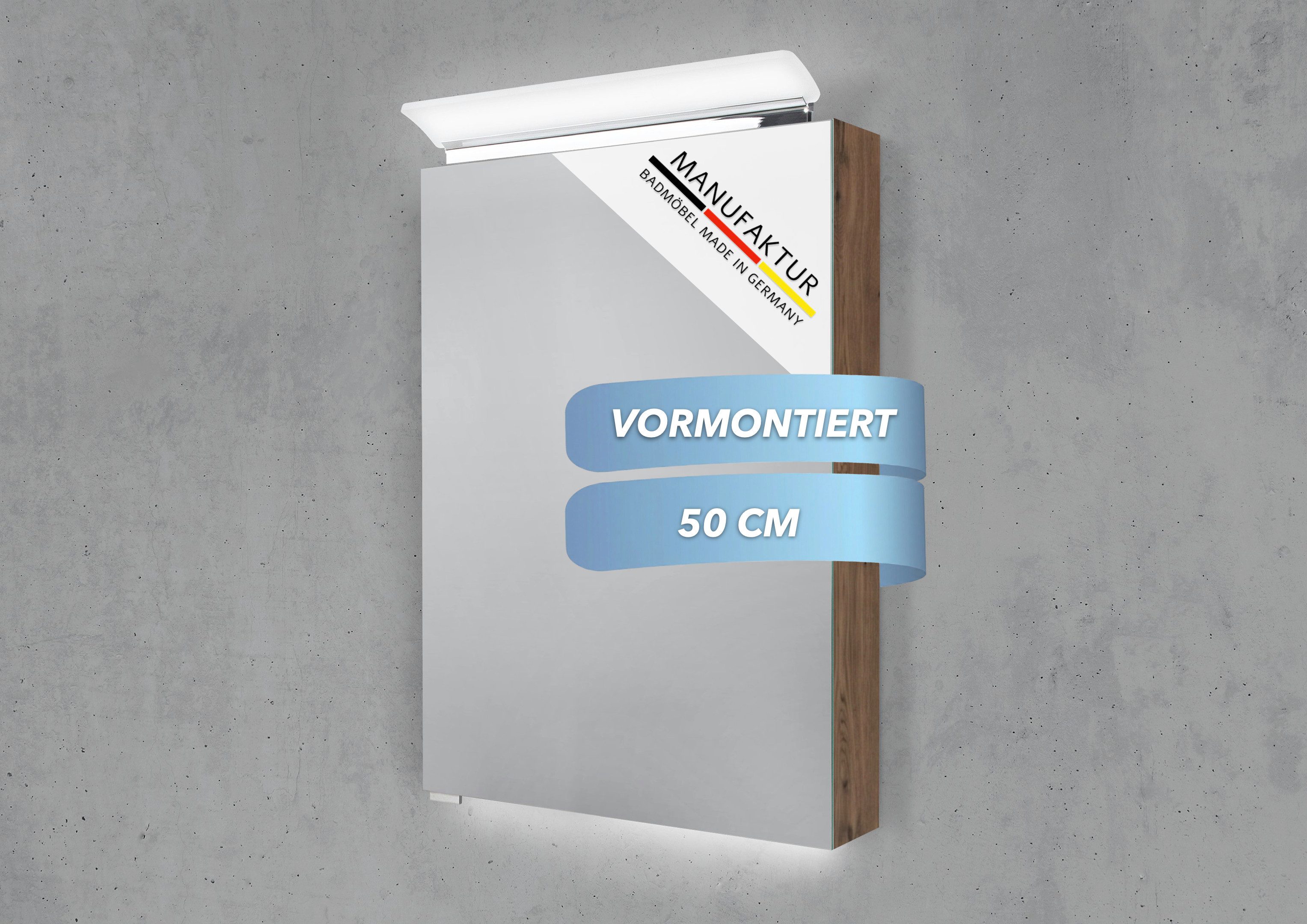 Intarbad Badezimmerspiegelschrank 1-türiger Spiegelschrank mit großflächiger MULTI LED Aufsatzleuchte (Doppelspiegeltüren, Holz-/ Lackdekore, Maße von 50 und 60 cm wählbar, Höhe 70 cm, Glasfachböden, Magnetleiste & Kosmetikspiegel Ø 12 cm) Vormontierte Lieferung, Floatglas, 160 kg Traglast, Made in Germany