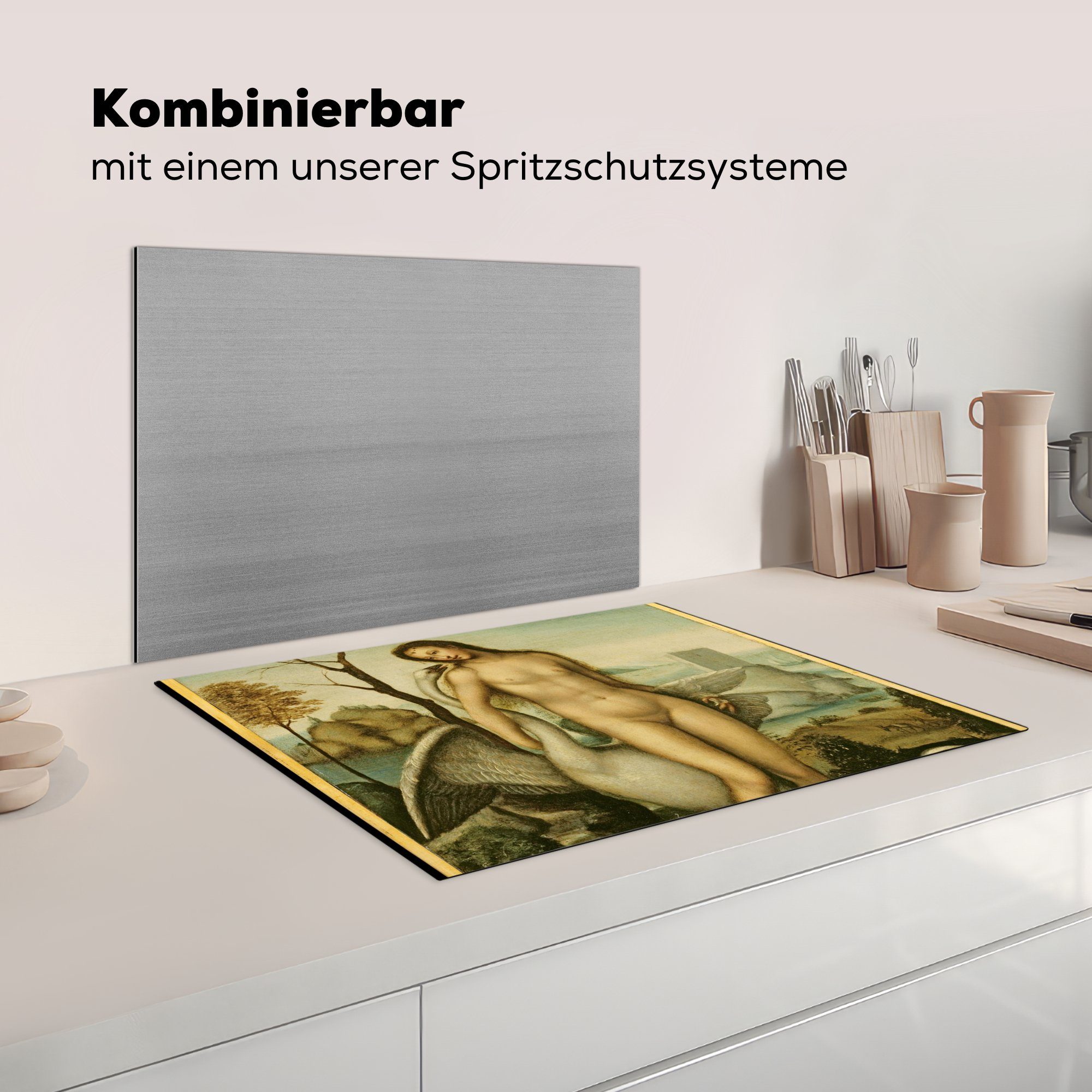 Leda und Herdblende-/Abdeckplatte MuchoWow cm, Leonardo der Arbeitsfläche (1 da Mobile nutzbar, Ceranfeldabdeckung 70x52 Vinci, - Schwan Vinyl, tlg),